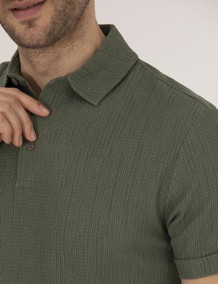 Haki Slim Fit Dokulu Polo Yaka Tişört - 50267574015