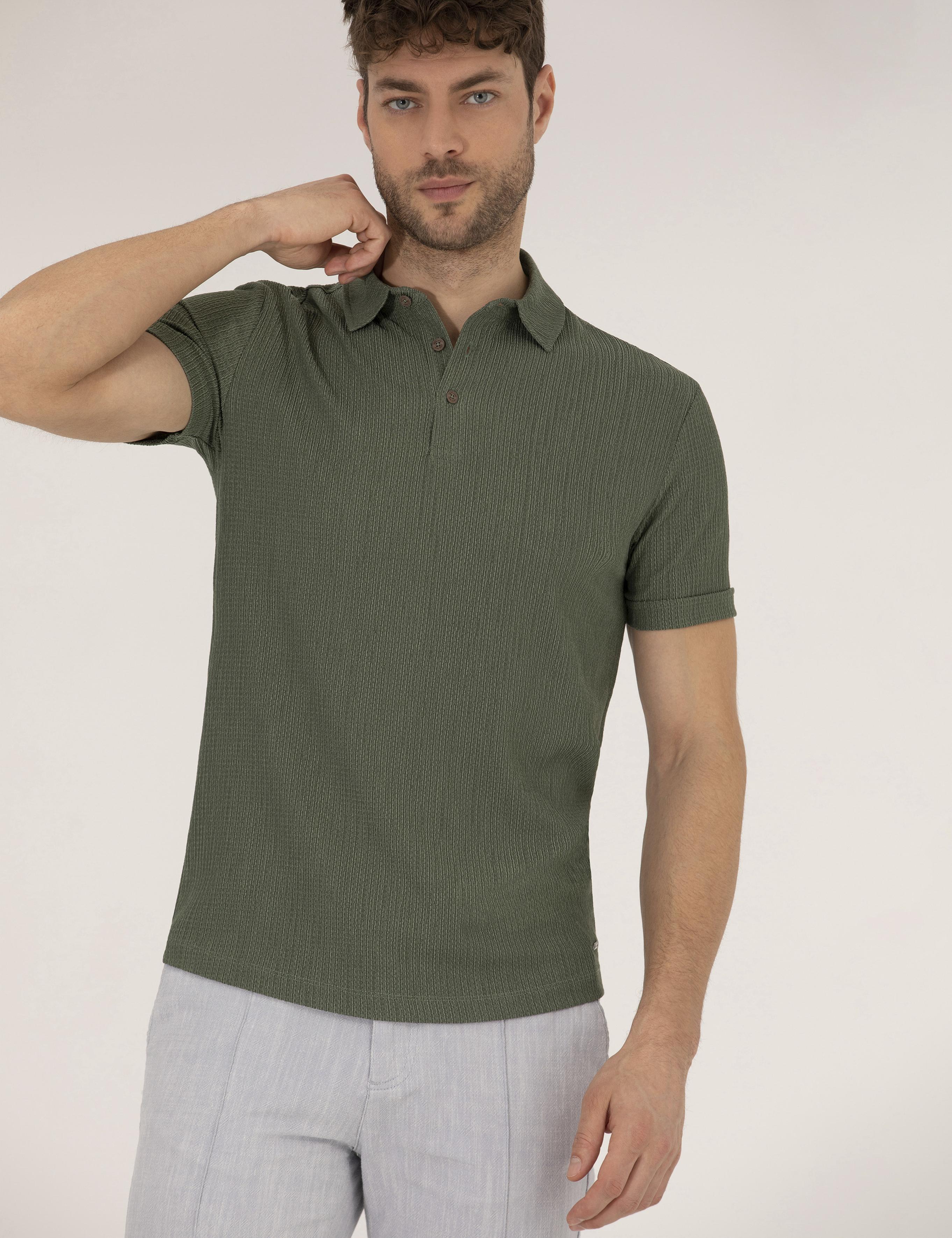 Haki Slim Fit Dokulu Polo Yaka Tişört