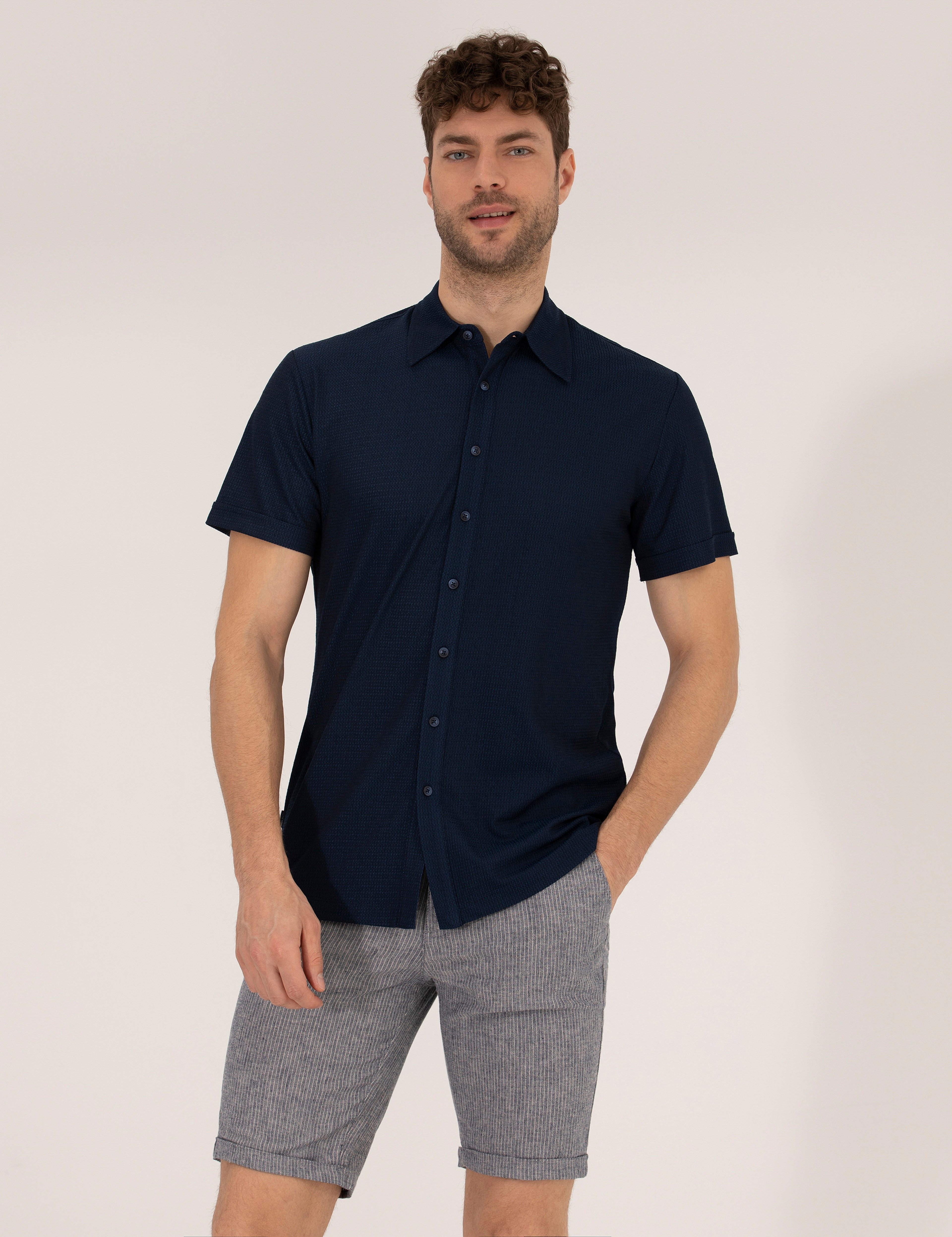 Lacivert Slim Fit Örme Gömlek - Image 1