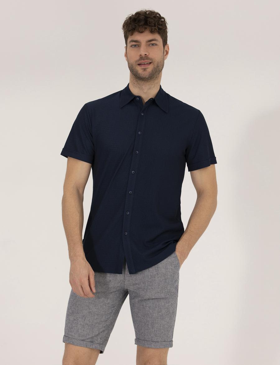 Lacivert Slim Fit Örme Gömlek