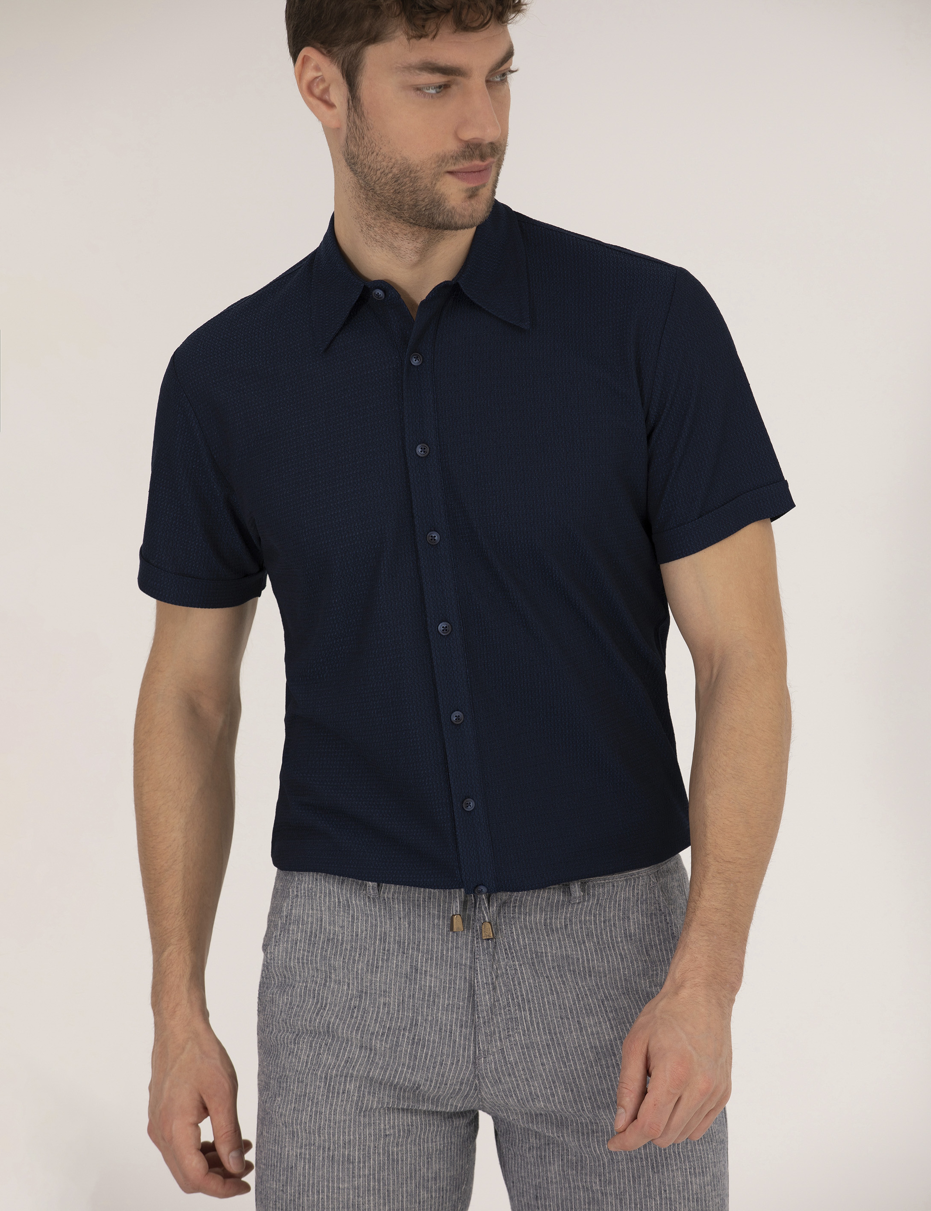 Lacivert Slim Fit Örme Gömlek - Image 2
