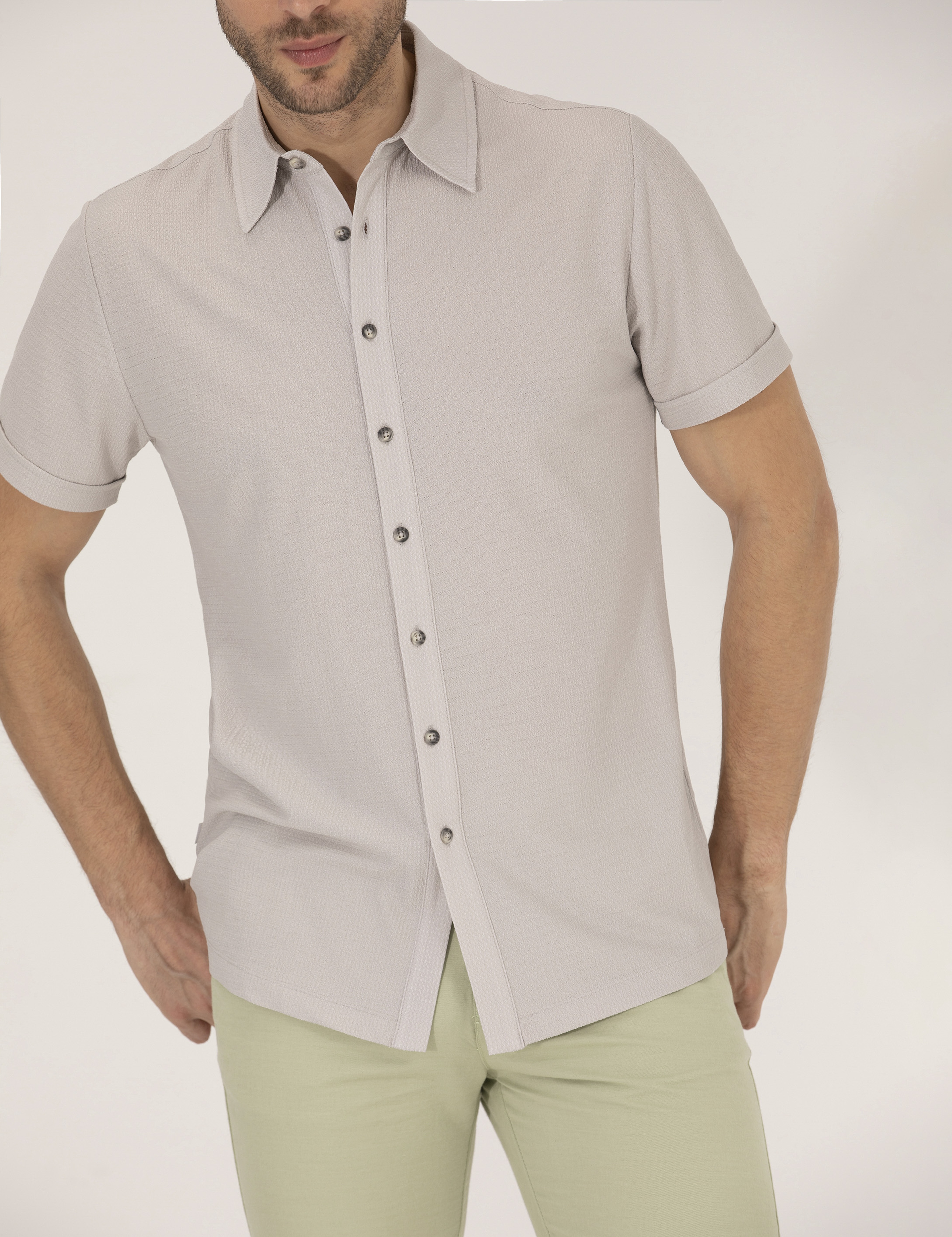 Gri Slim Fit Örme Gömlek - Image 6
