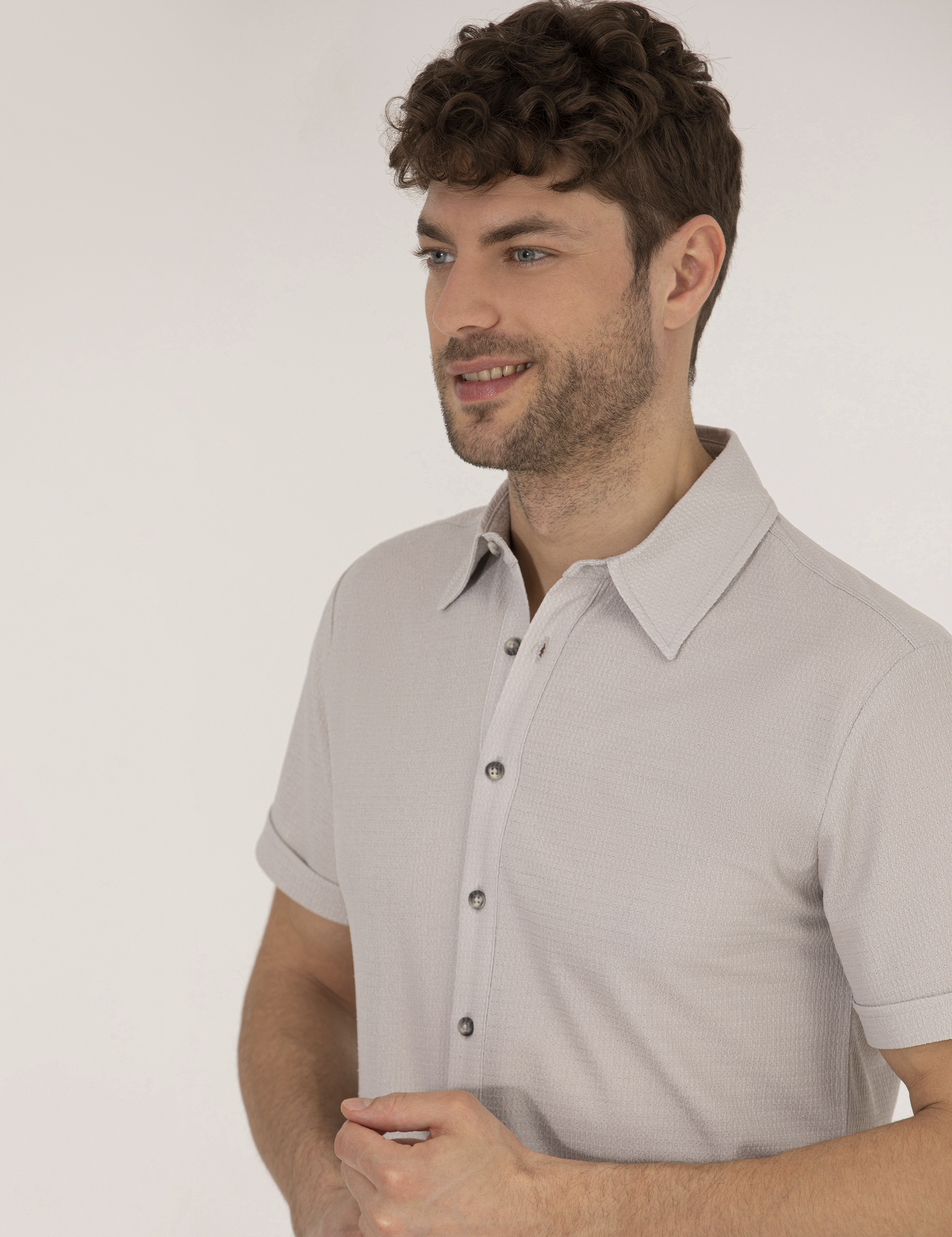 Gri Slim Fit Örme Gömlek - Image 3
