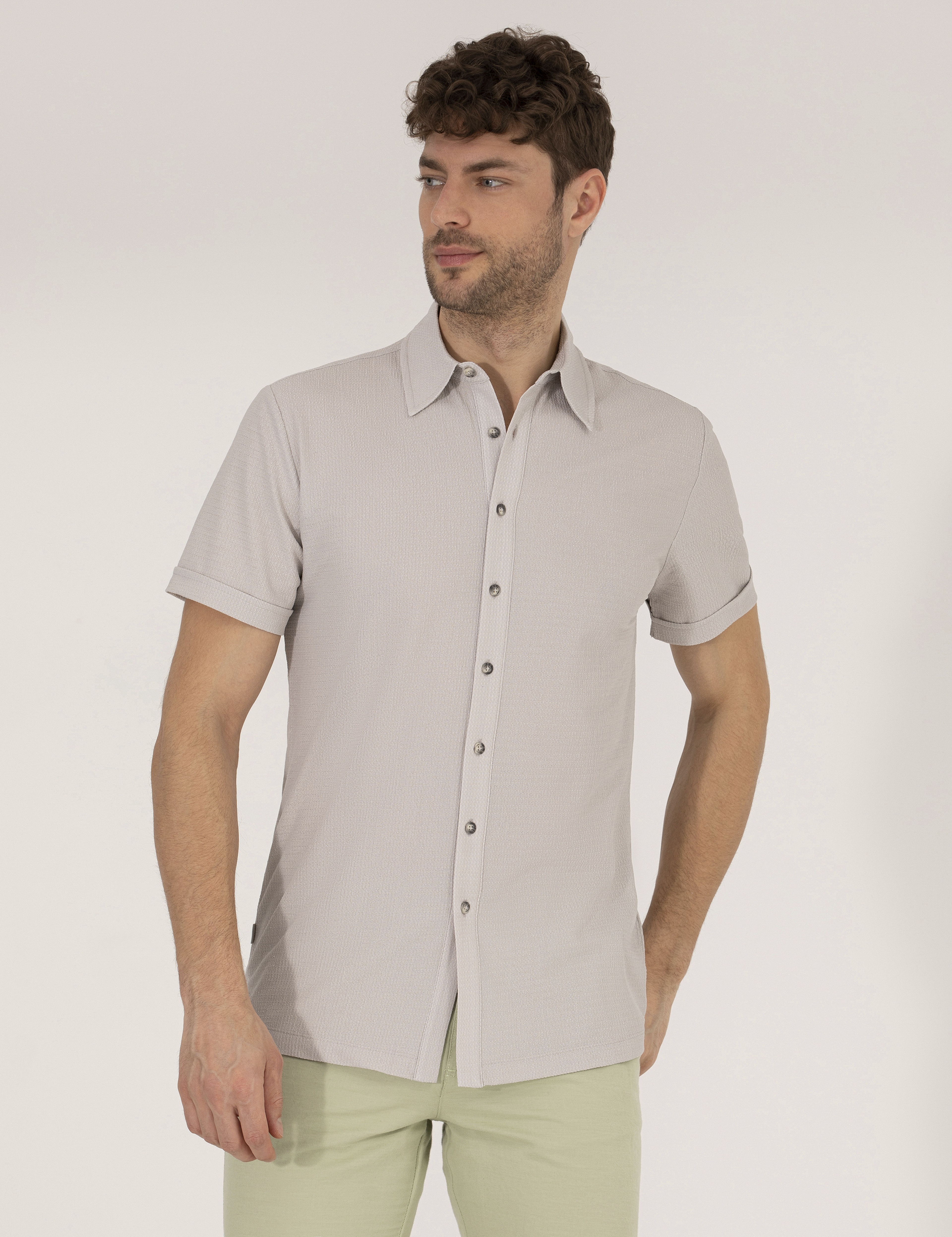 Gri Slim Fit Örme Gömlek - Image 1