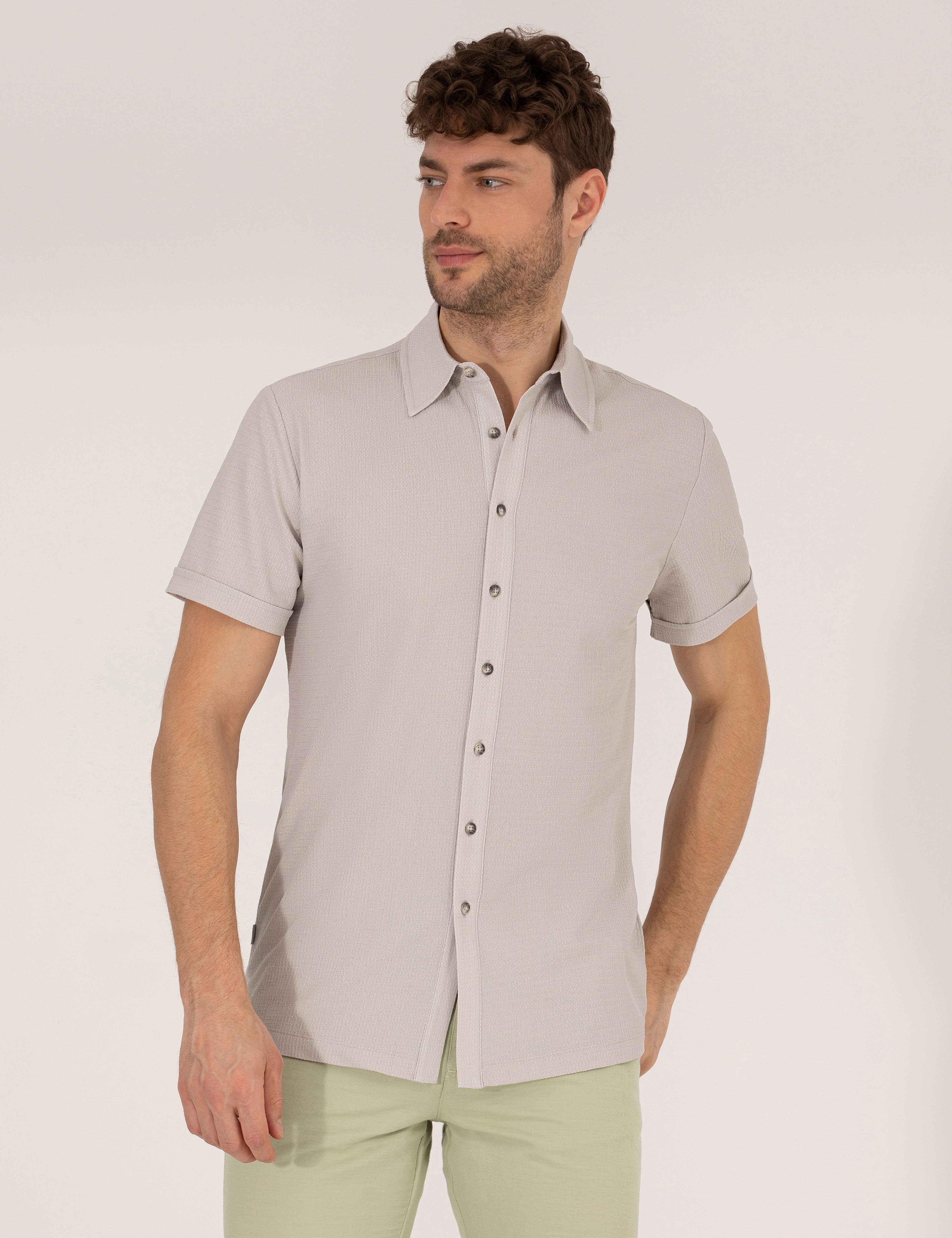 Gri Slim Fit Örme Gömlek