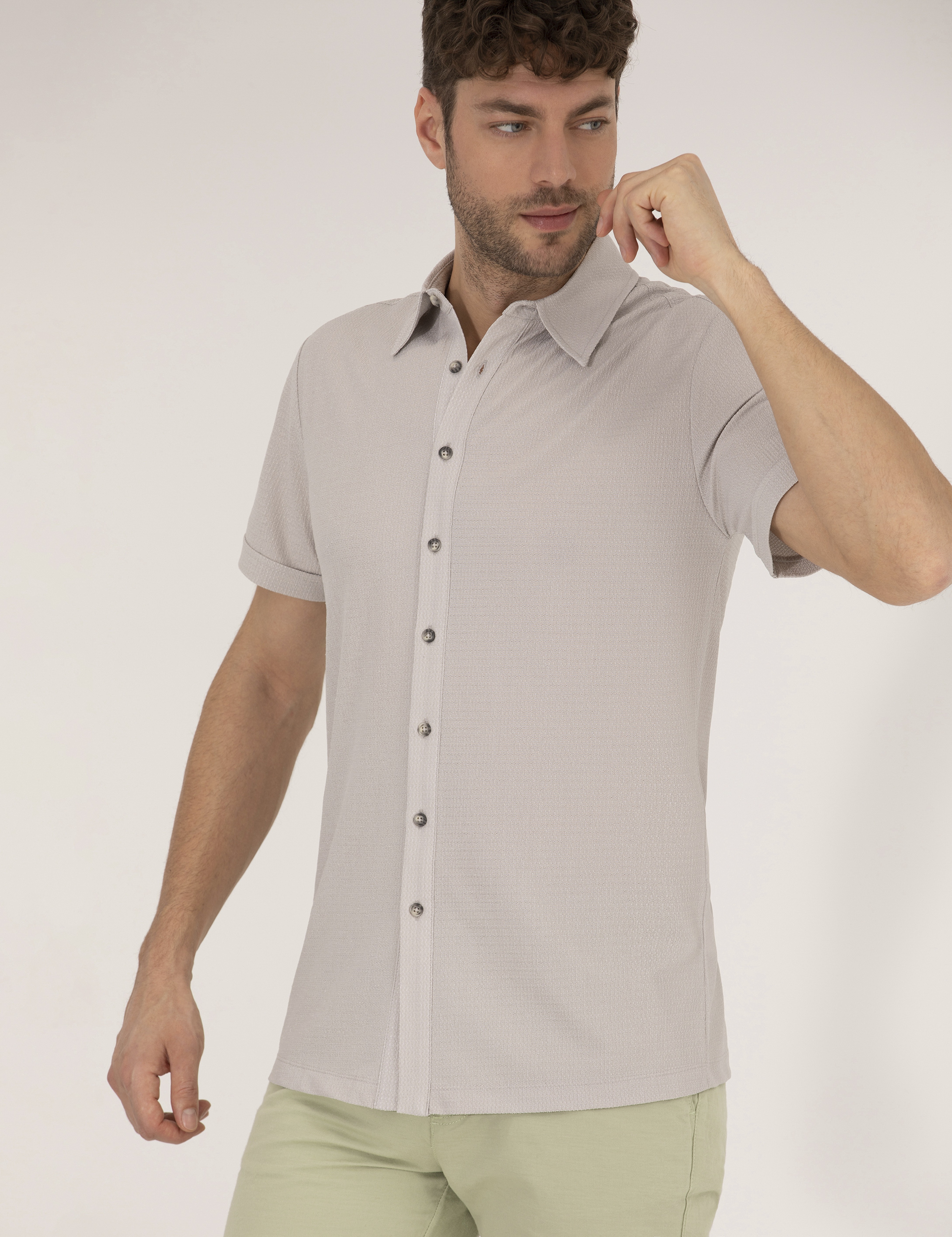 Gri Slim Fit Örme Gömlek - Image 2