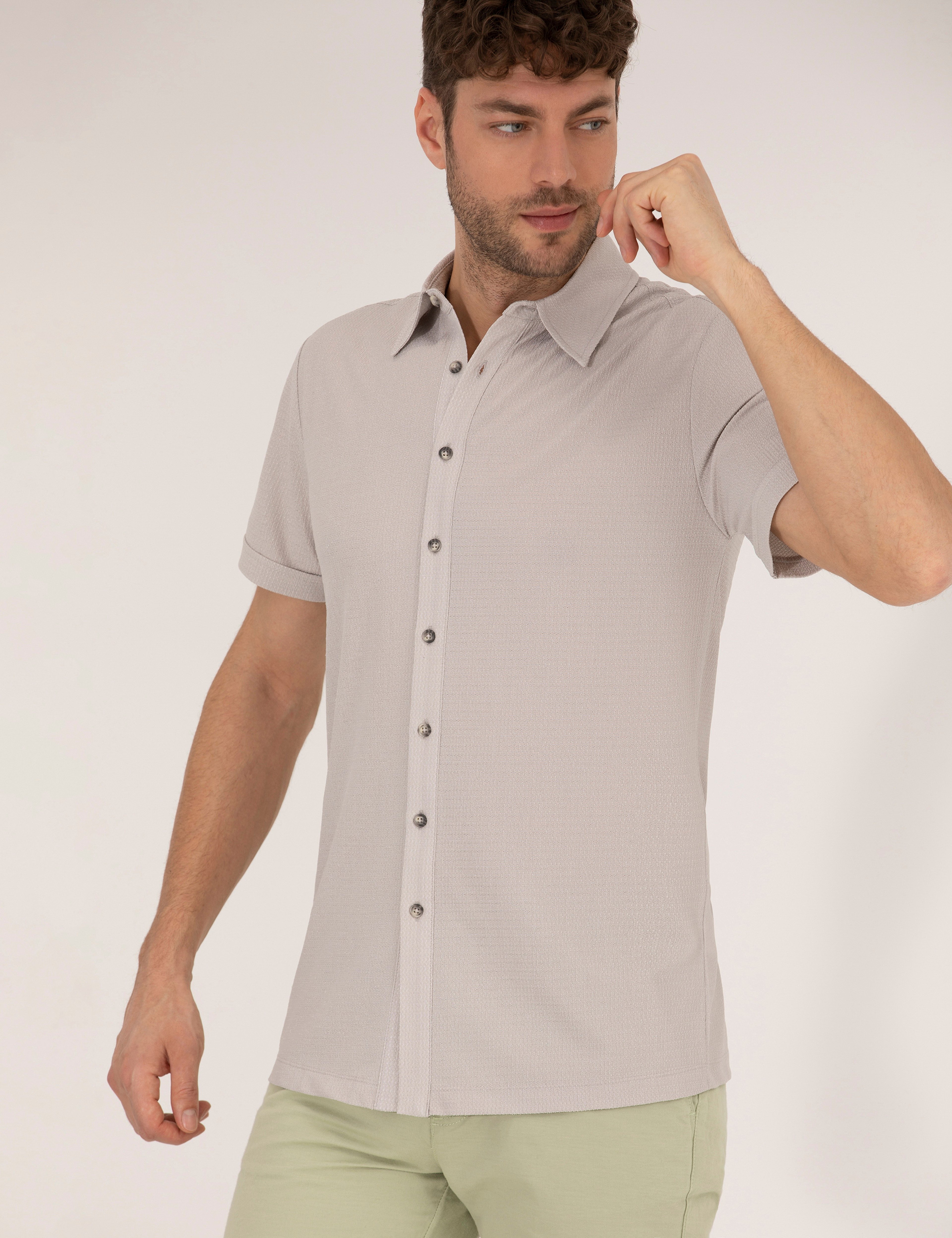 Gri Slim Fit Örme Gömlek