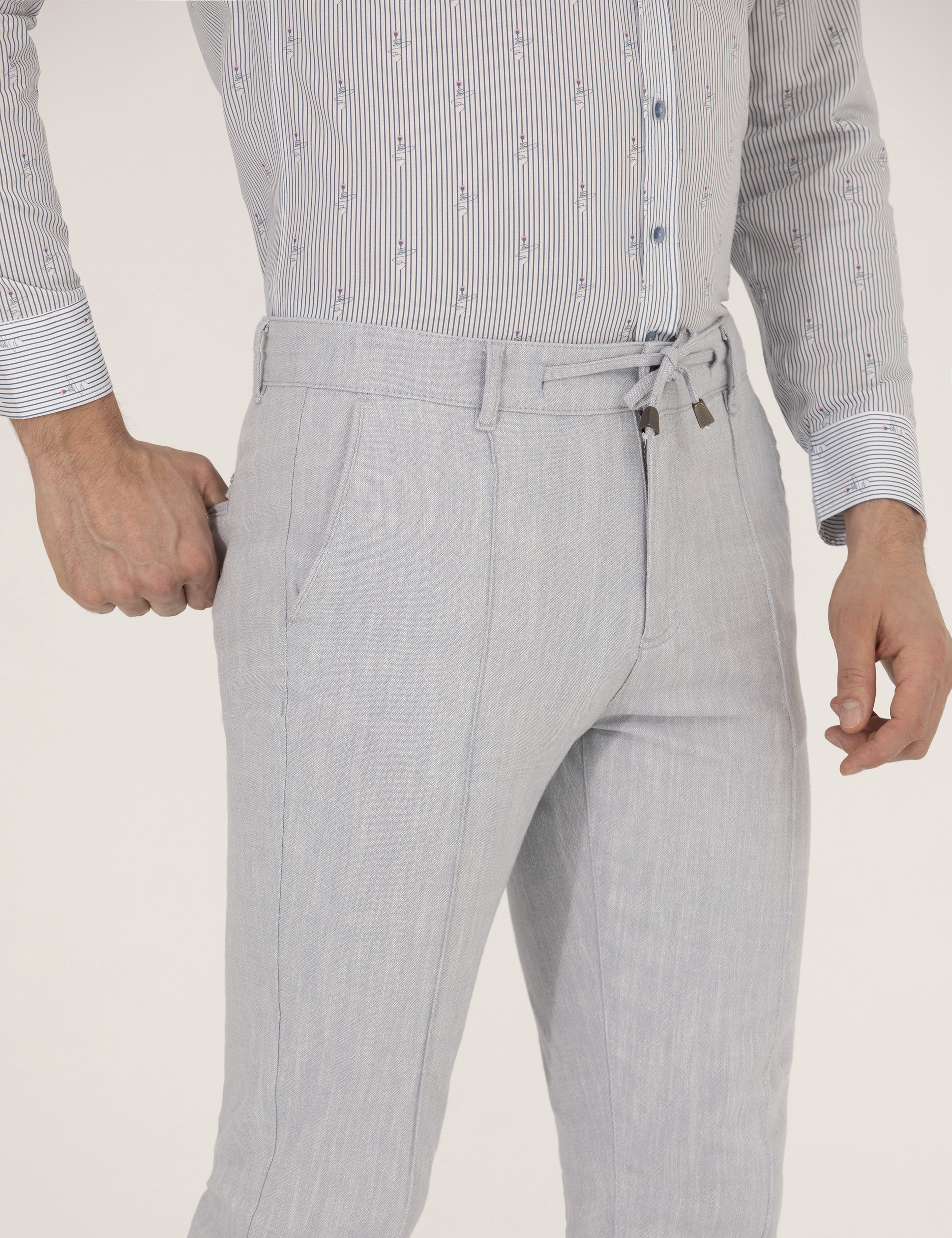 Açık Mavi Slim Fit Belden Bağlamalı Chino Pantolon - Image 2