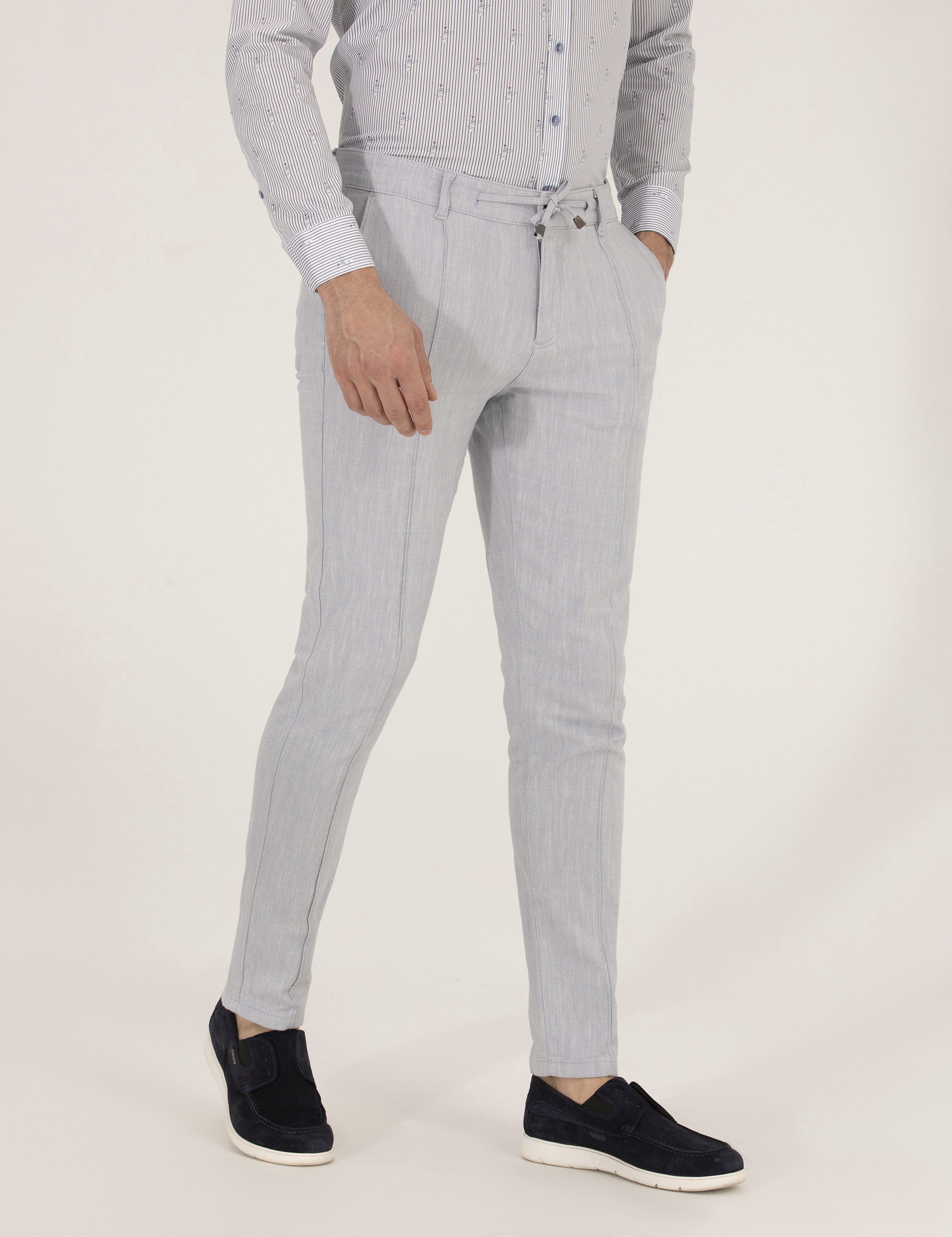 Açık Mavi Slim Fit Belden Bağlamalı Chino Pantolon - Image 4