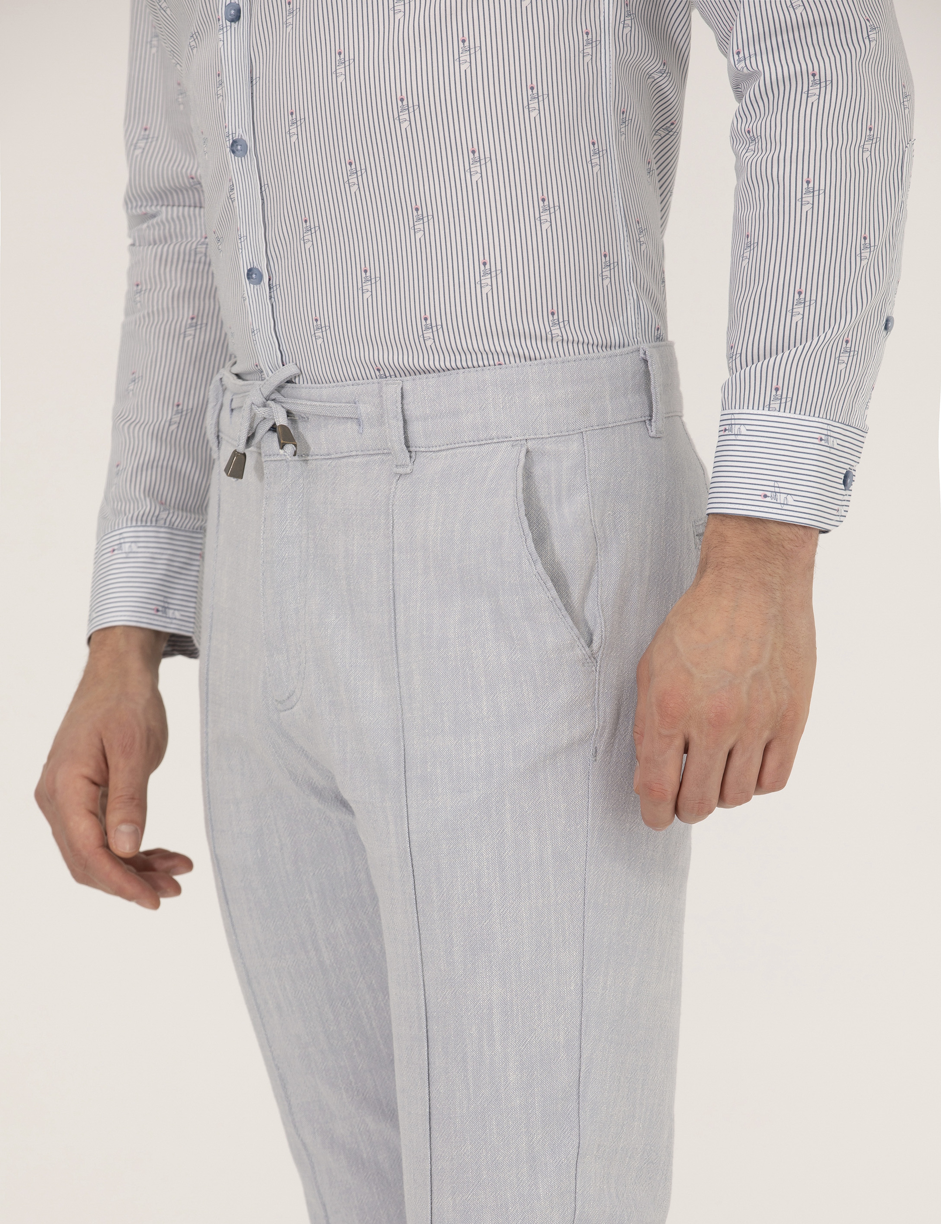 Açık Mavi Slim Fit Belden Bağlamalı Chino Pantolon