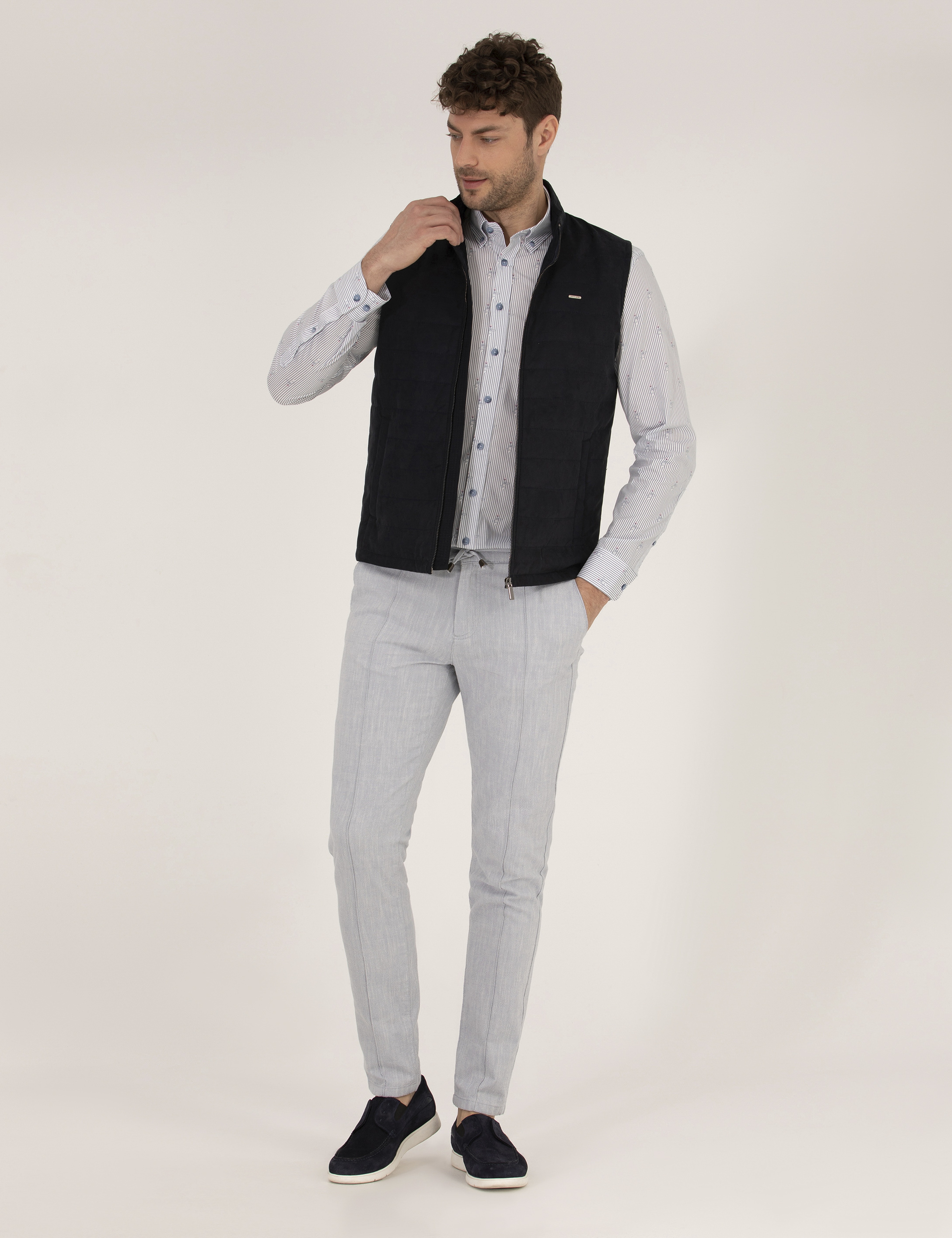 Açık Mavi Slim Fit Belden Bağlamalı Chino Pantolon - Image 1