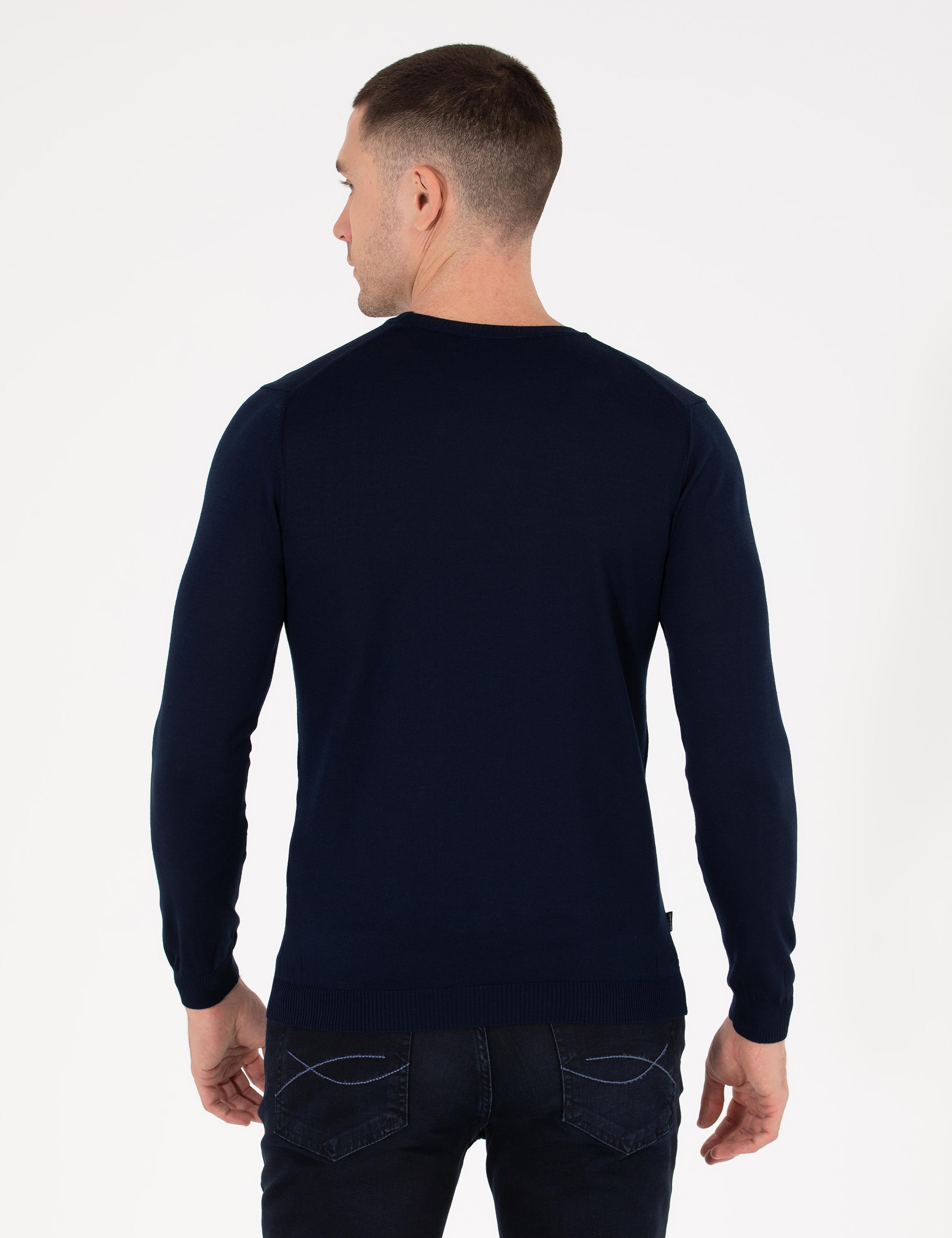 Lacivert Slim Fit Bisiklet Yaka Yün Karışımlı Basic Triko Kazak