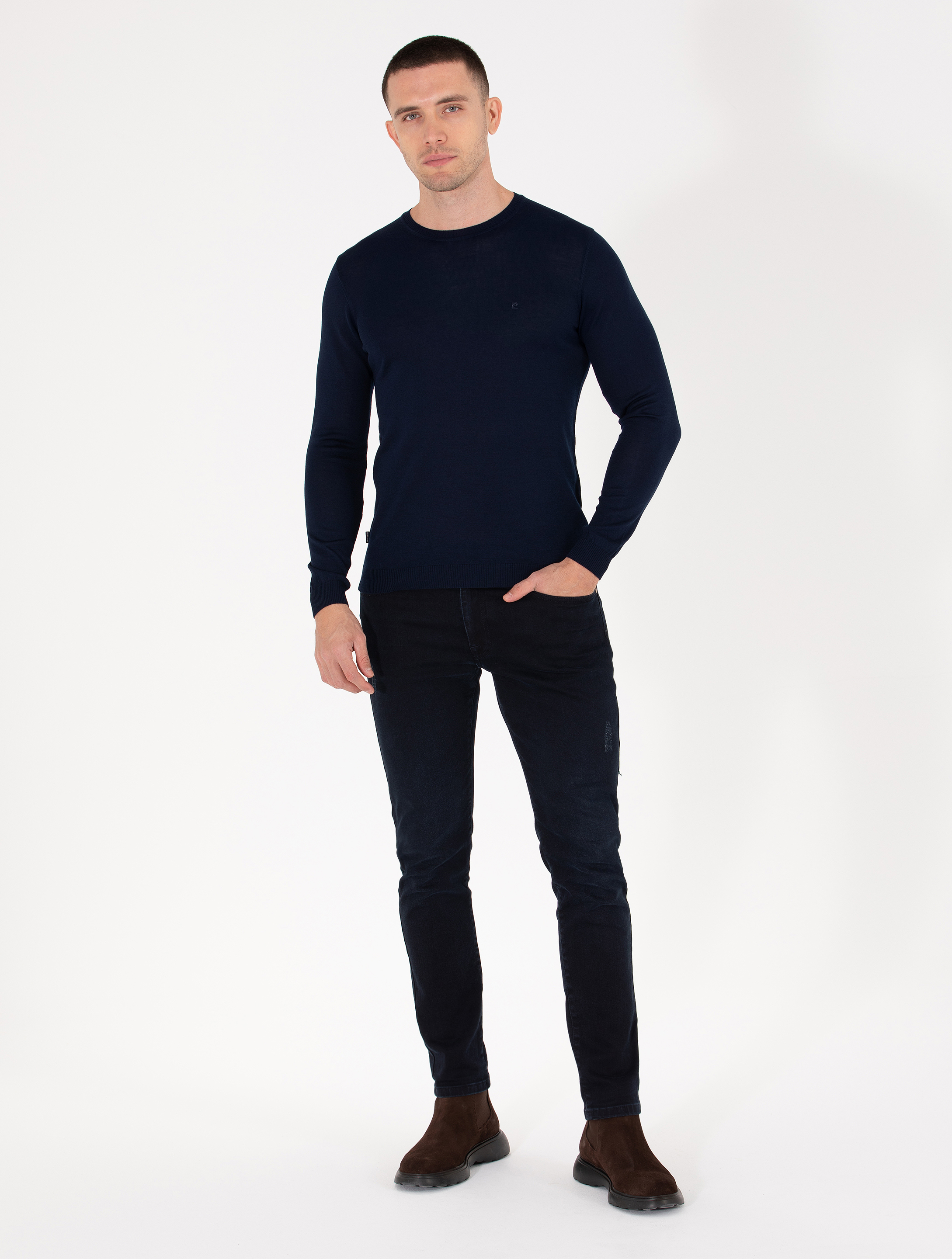 Lacivert Slim Fit Bisiklet Yaka Yün Karışımlı Basic Triko Kazak
