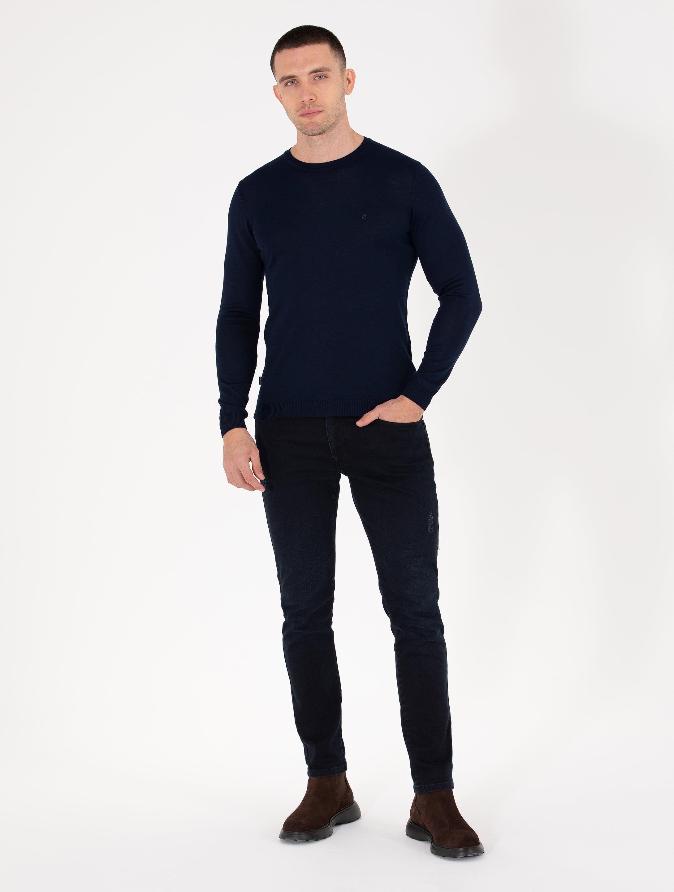 Lacivert Slim Fit Bisiklet Yaka Yün Karışımlı Basic Triko Kazak