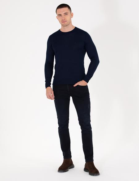 Lacivert Slim Fit Bisiklet Yaka Yün Karışımlı Basic Triko Kazak - 50257301021
