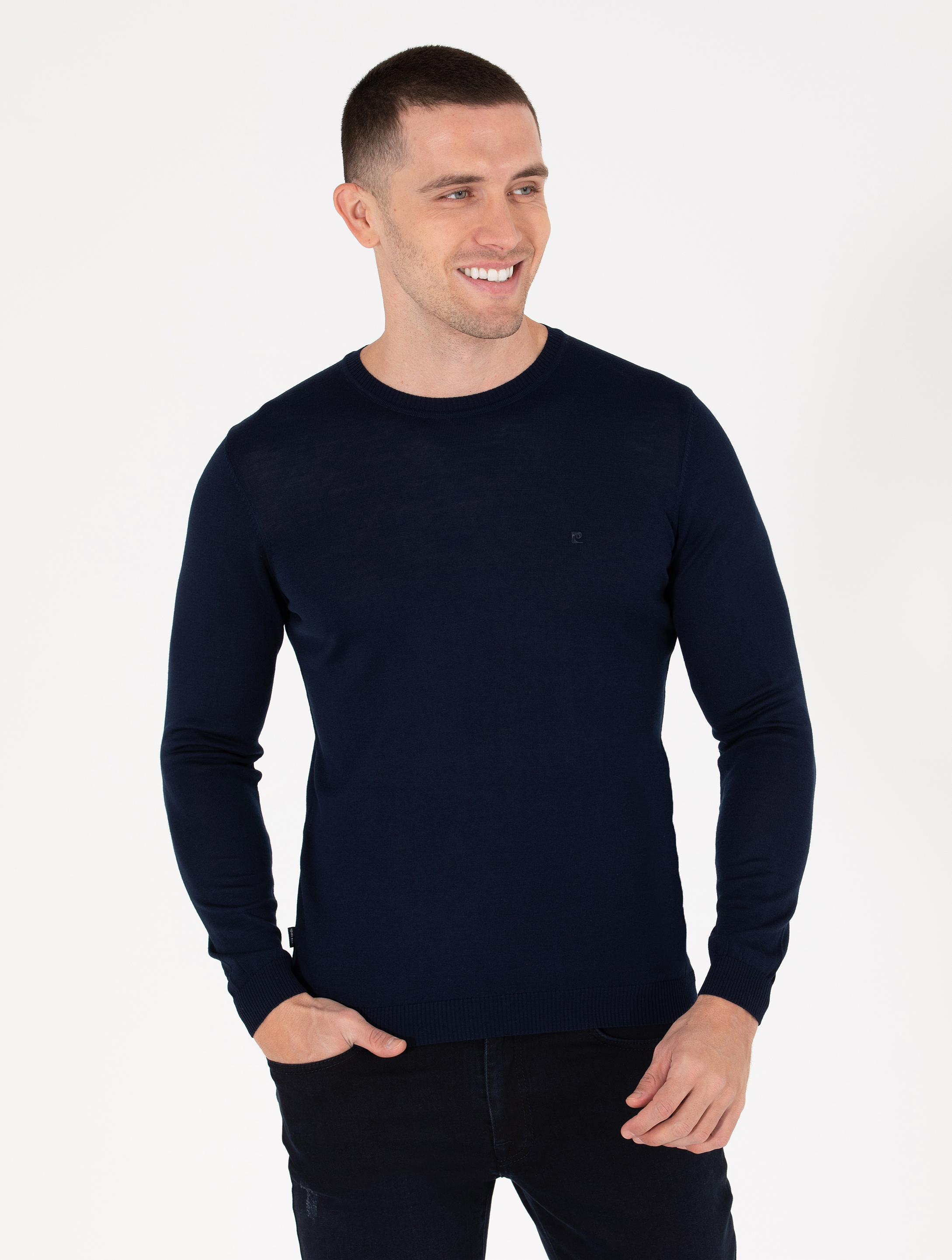 Lacivert Slim Fit Bisiklet Yaka Yün Karışımlı Basic Triko Kazak