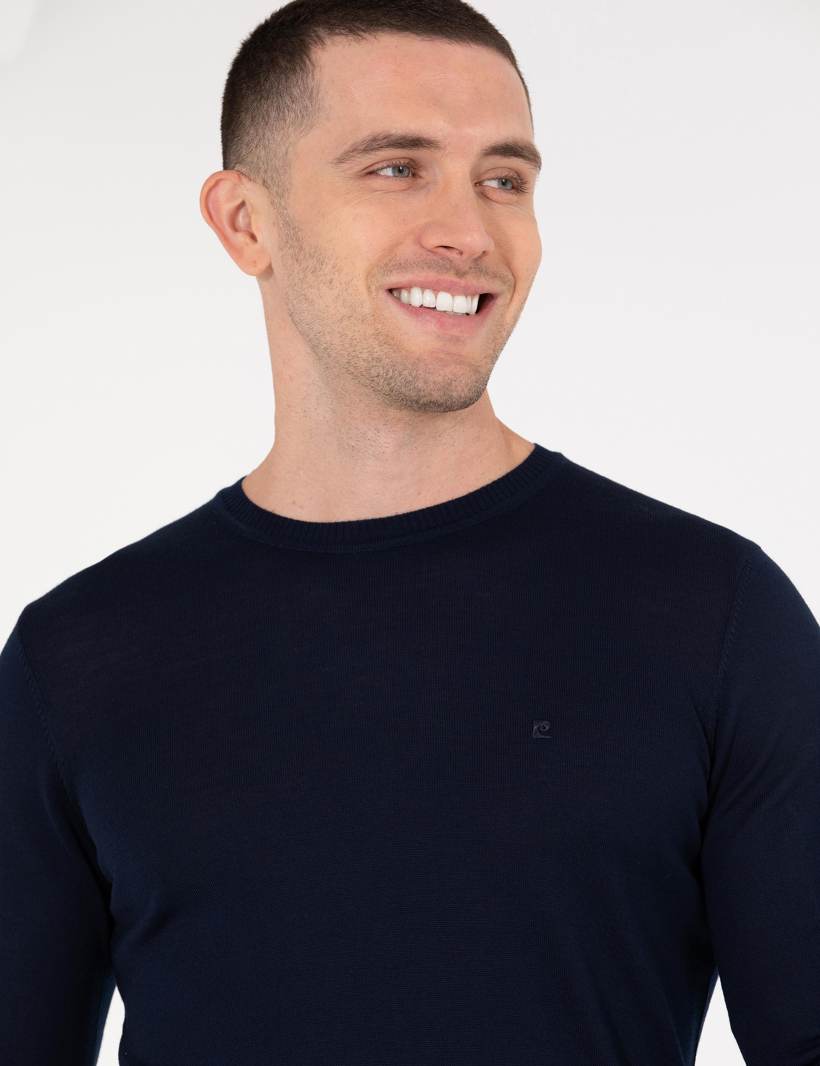 Lacivert Slim Fit Bisiklet Yaka Yün Karışımlı Basic Triko Kazak