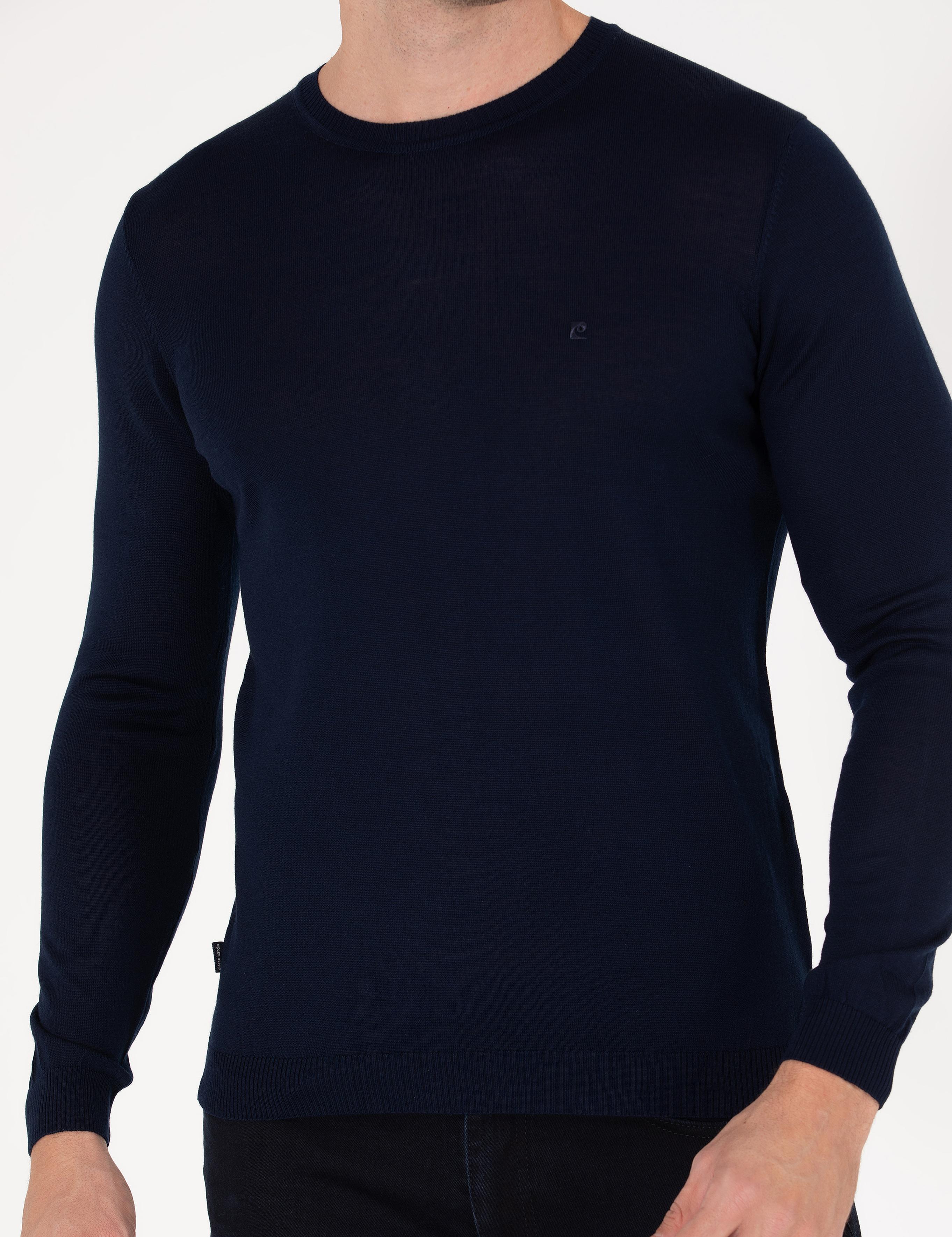 Lacivert Slim Fit Bisiklet Yaka Yün Karışımlı Basic Triko Kazak