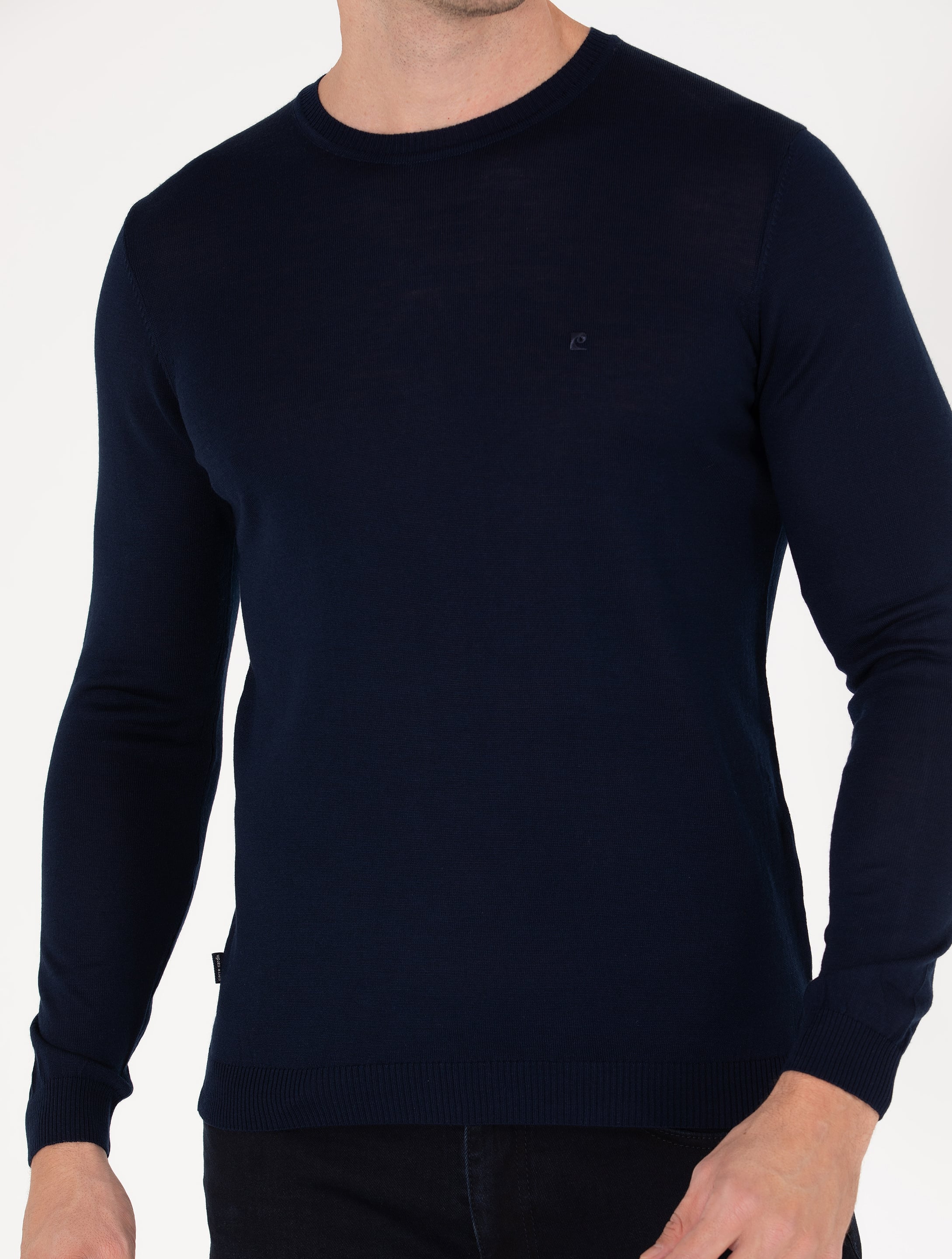 Lacivert Slim Fit Bisiklet Yaka Yün Karışımlı Basic Triko Kazak