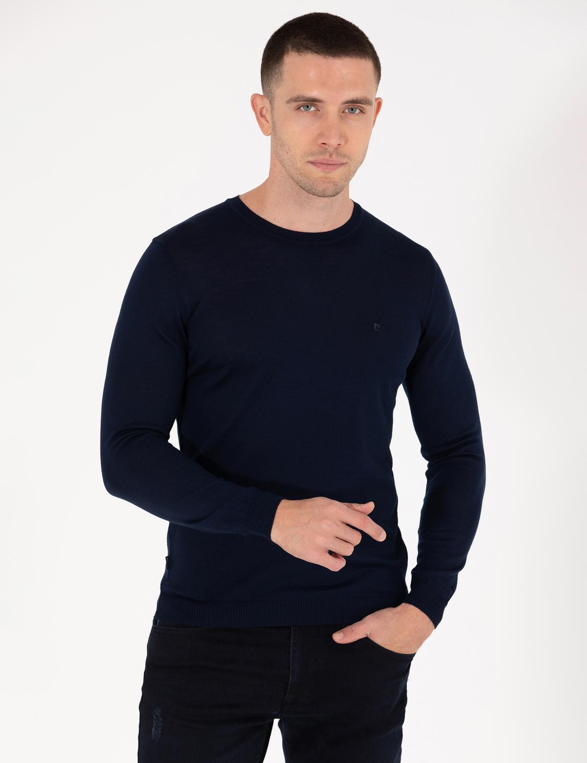 Lacivert Slim Fit Bisiklet Yaka Yün Karışımlı Basic Triko Kazak - 50257301021