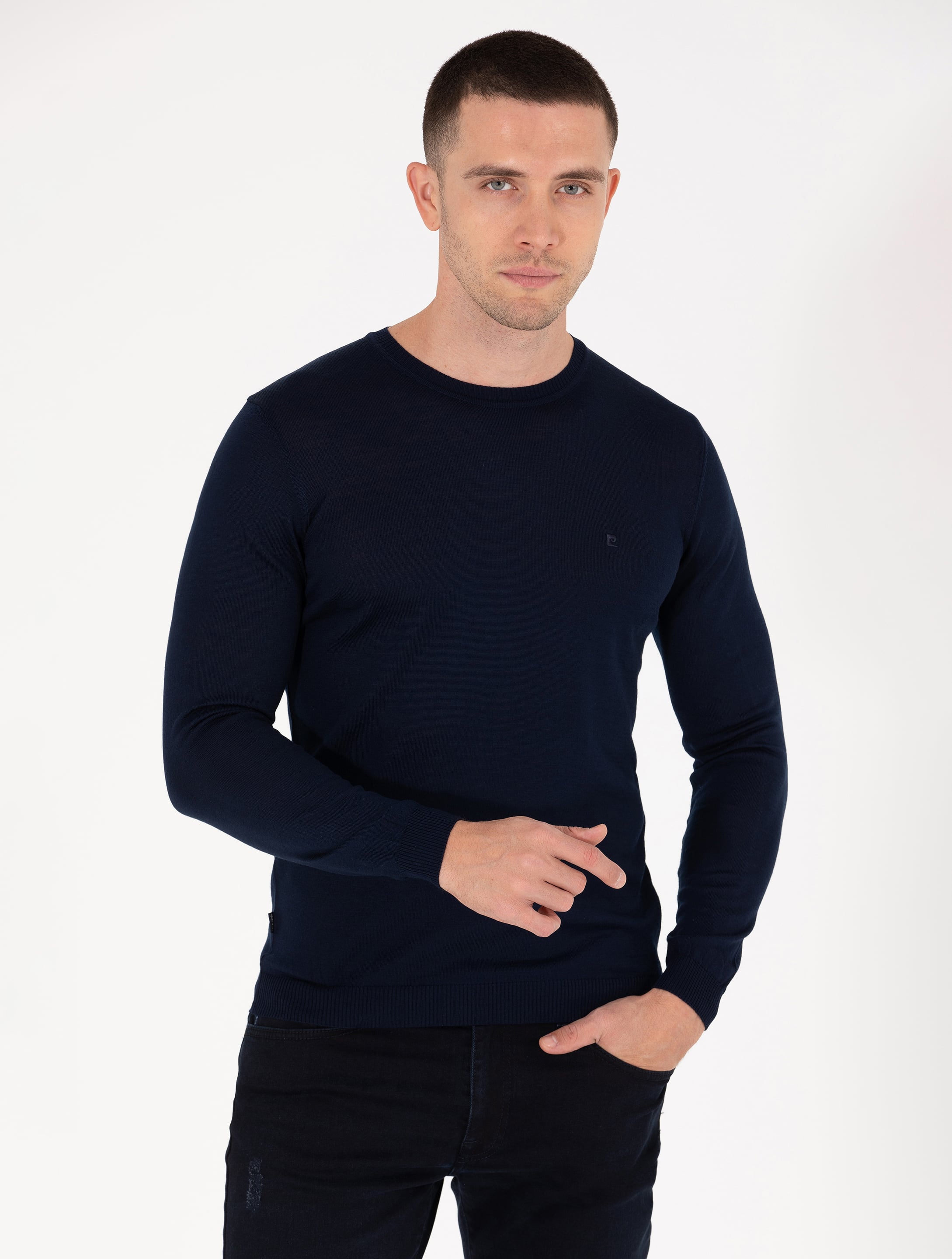 Lacivert Slim Fit Bisiklet Yaka Yün Karışımlı Basic Triko Kazak