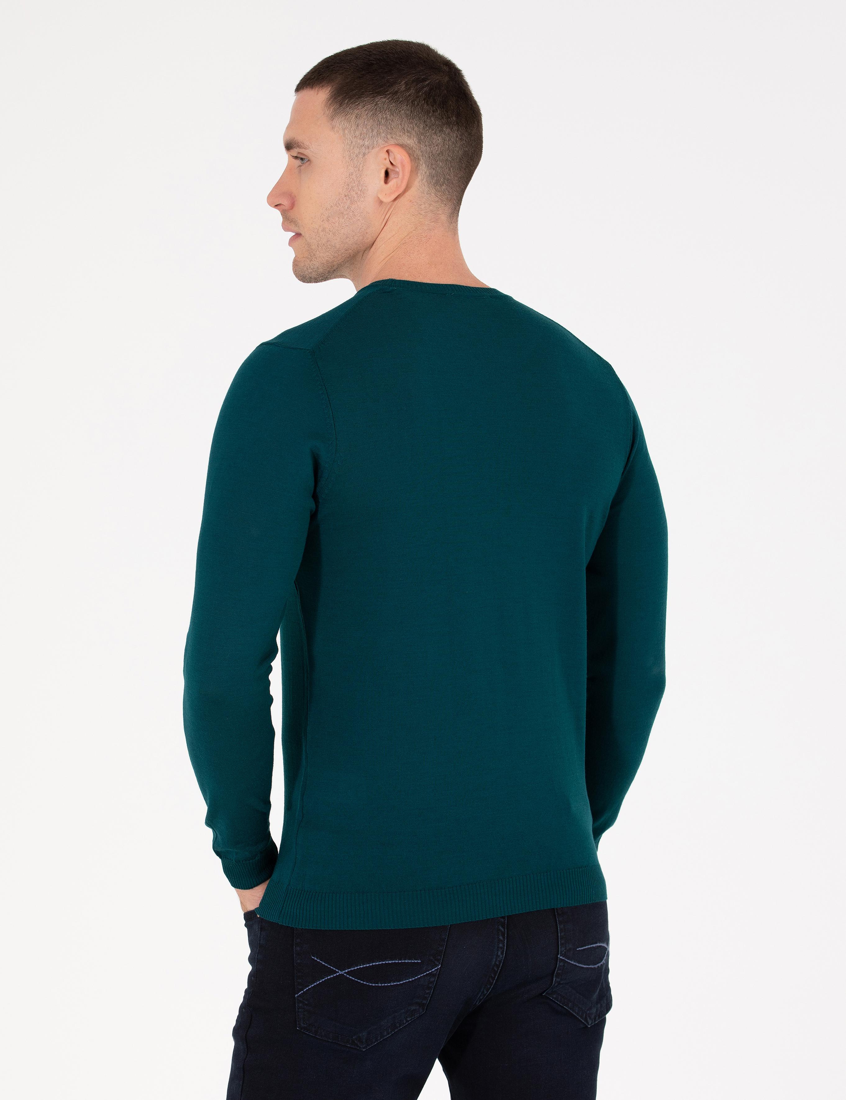 Yeşil Slim Fit Bisiklet Yaka Yün Karışımlı Basic Triko Kazak