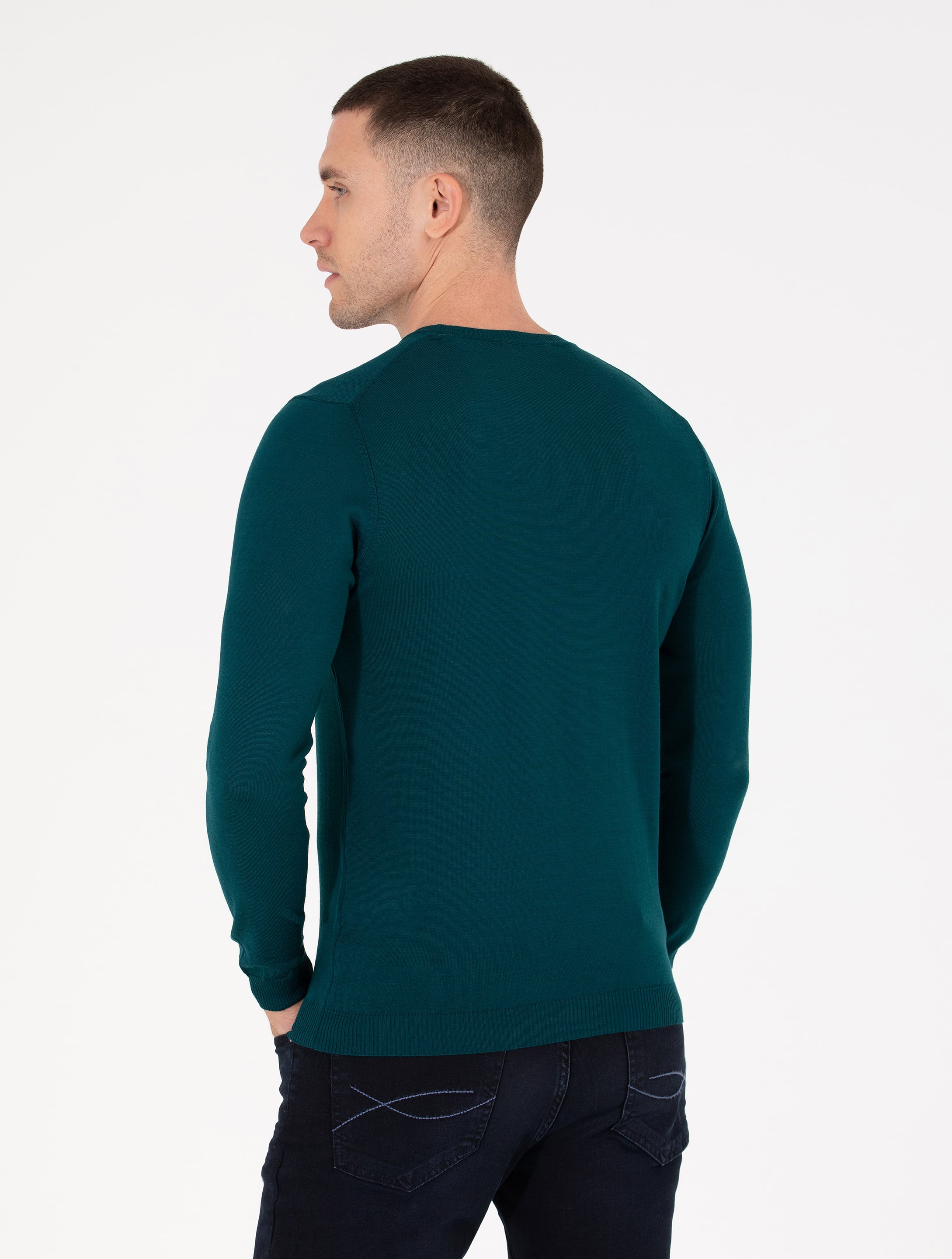 Yeşil Slim Fit Bisiklet Yaka Yün Karışımlı Basic Triko Kazak
