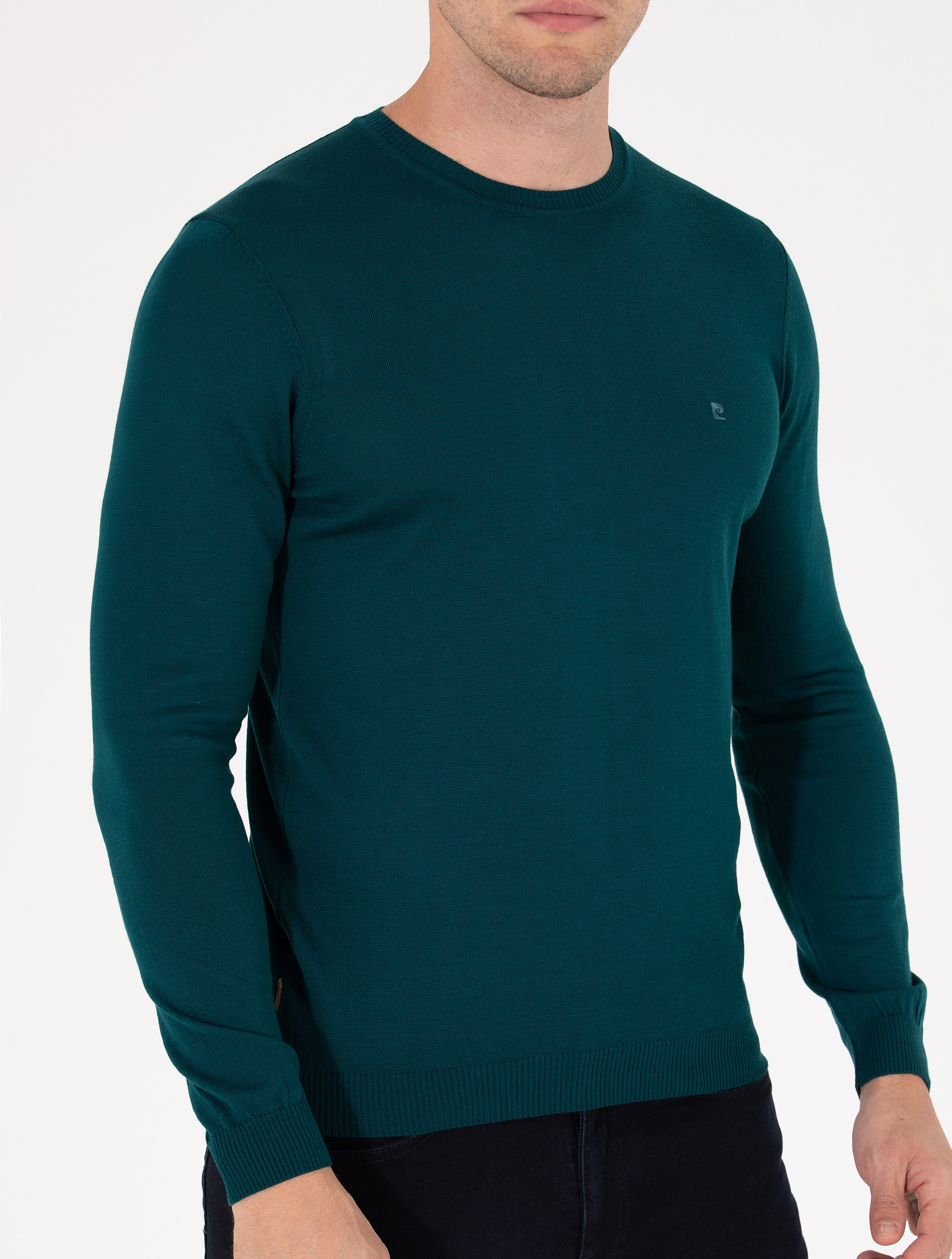 Yeşil Slim Fit Bisiklet Yaka Yün Karışımlı Basic Triko Kazak