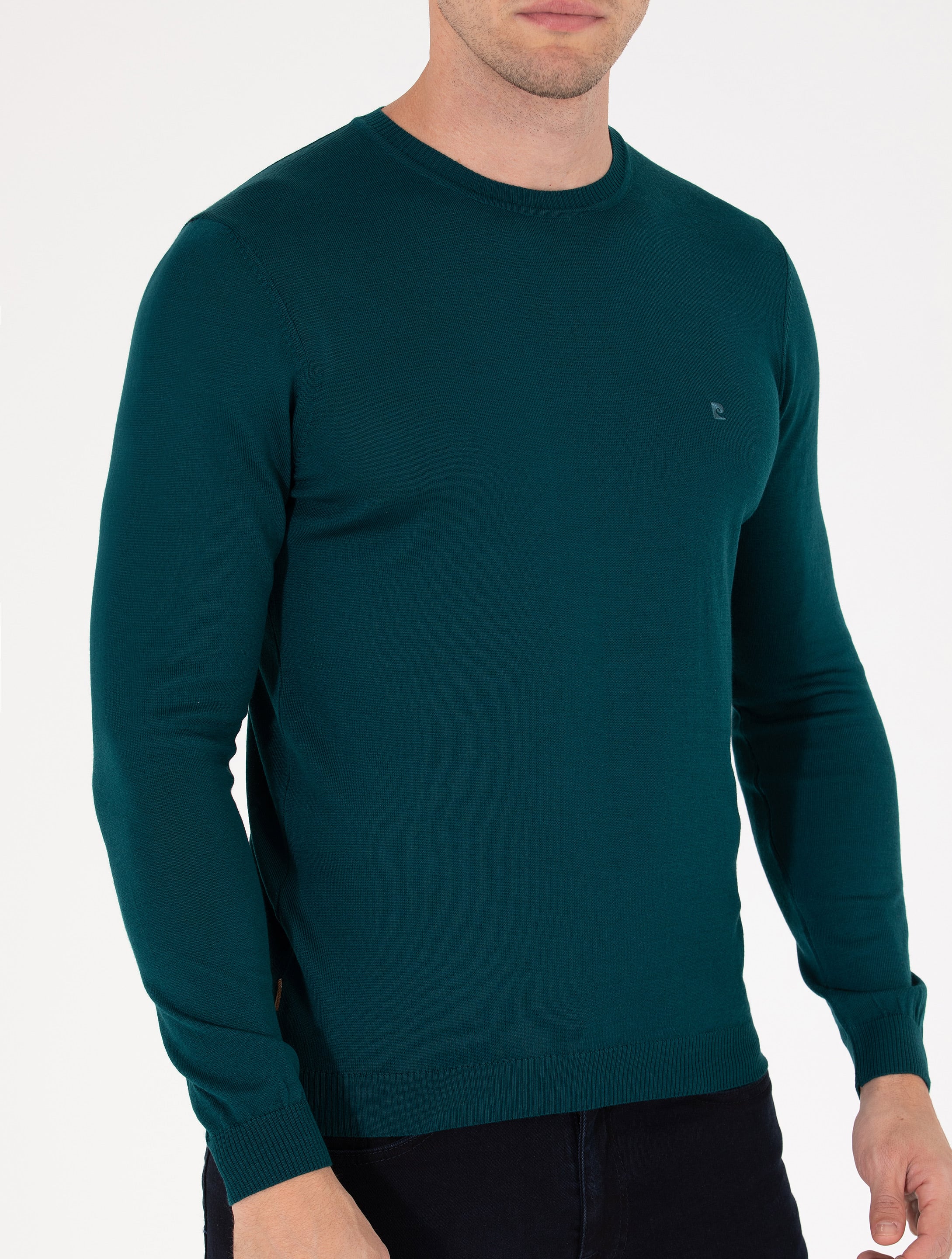 Yeşil Slim Fit Bisiklet Yaka Yün Karışımlı Basic Triko Kazak