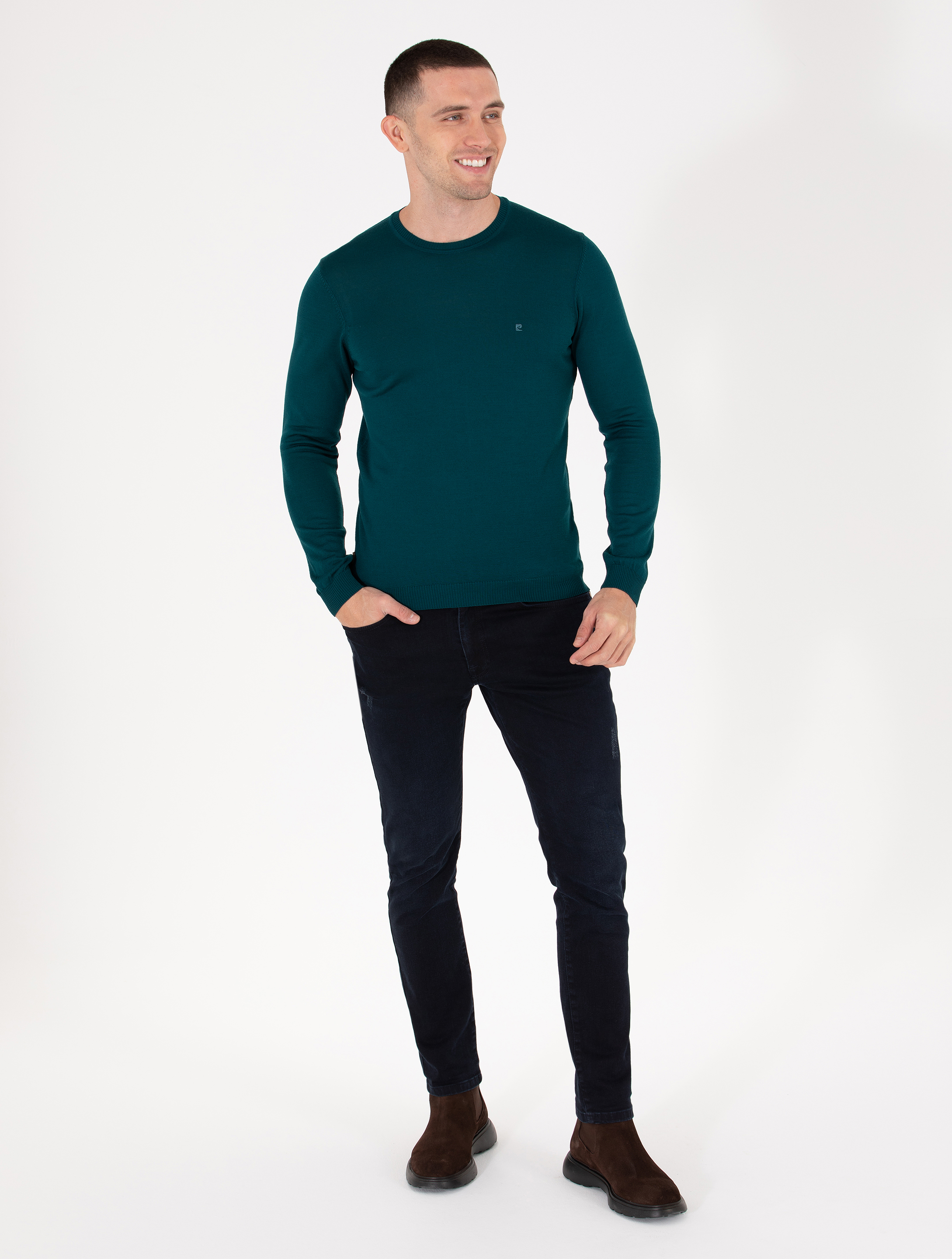 Pierre Cardin Yeşil Slim Fit Bisiklet Yaka Yün Karışımlı Basic Triko Kazak görsel 3