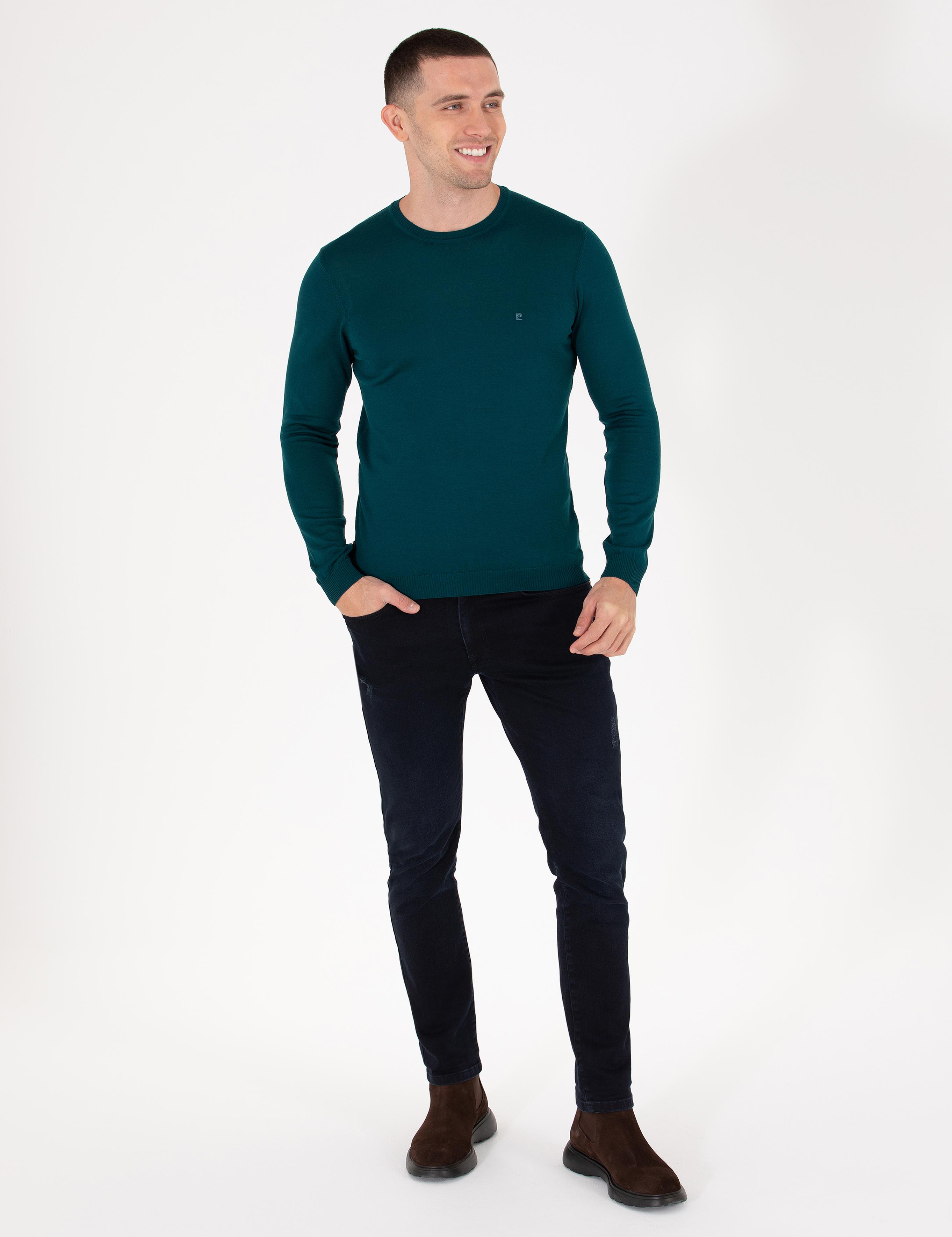 Yeşil Slim Fit Bisiklet Yaka Yün Karışımlı Basic Triko Kazak