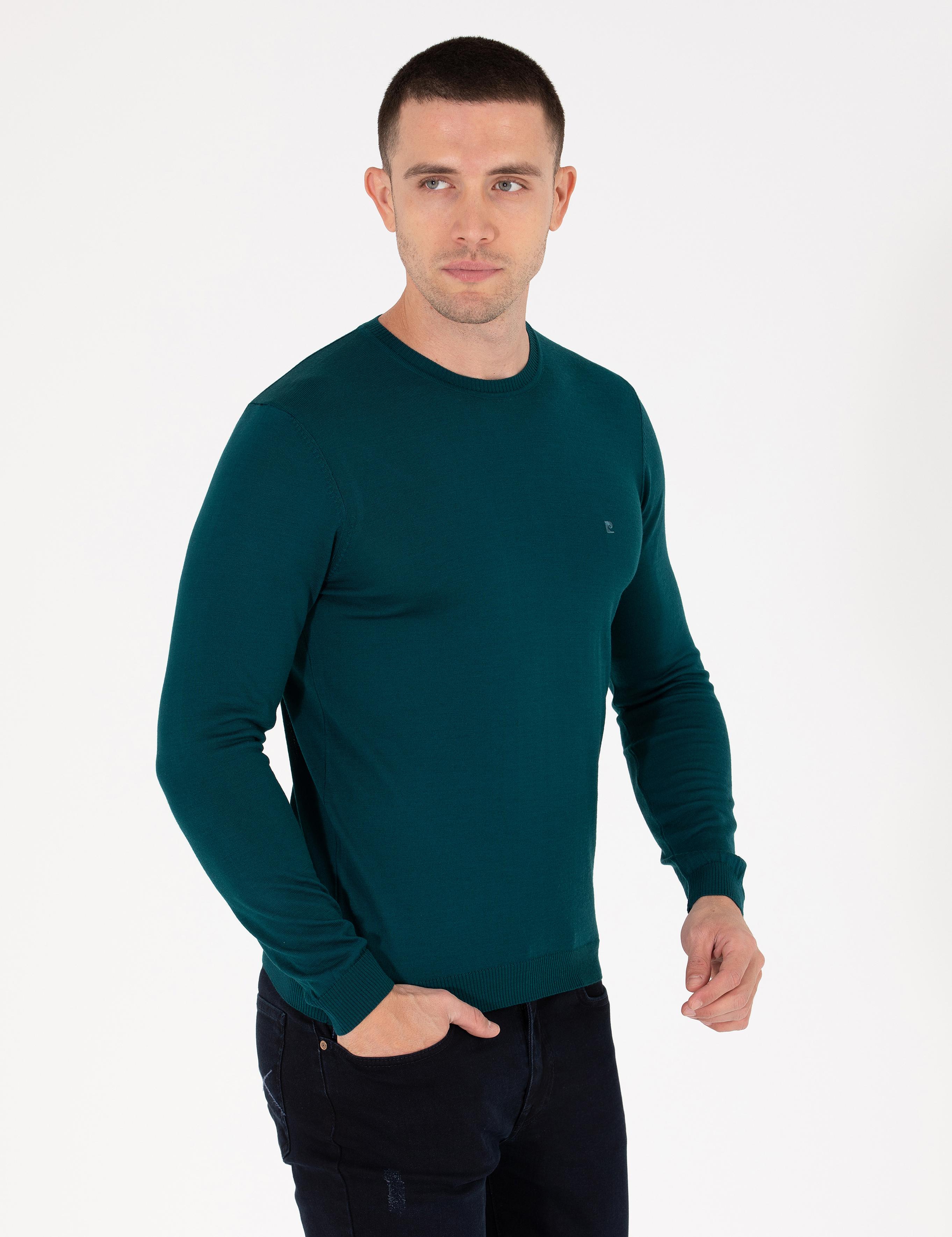 Yeşil Slim Fit Bisiklet Yaka Yün Karışımlı Basic Triko Kazak