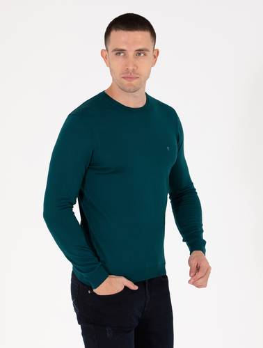 Yeşil Slim Fit Bisiklet Yaka Yün Karışımlı Basic Triko Kazak