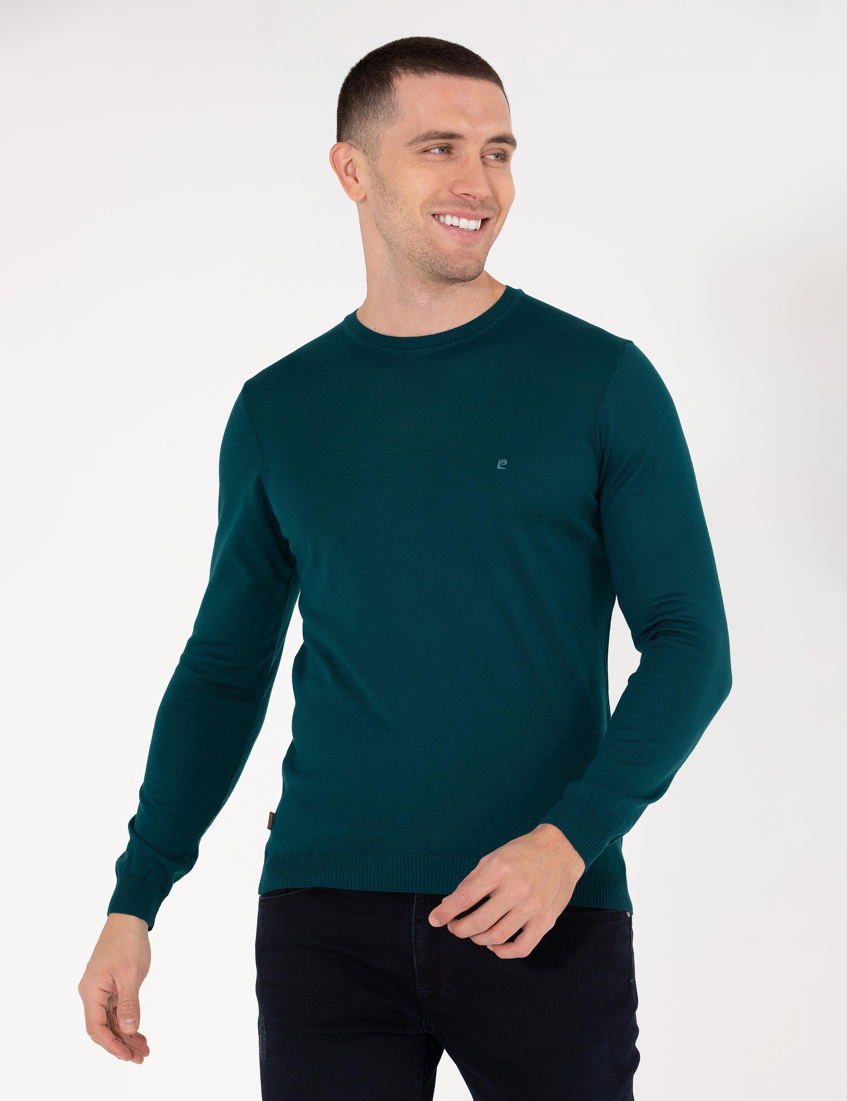 Yeşil Slim Fit Bisiklet Yaka Yün Karışımlı Basic Triko Kazak