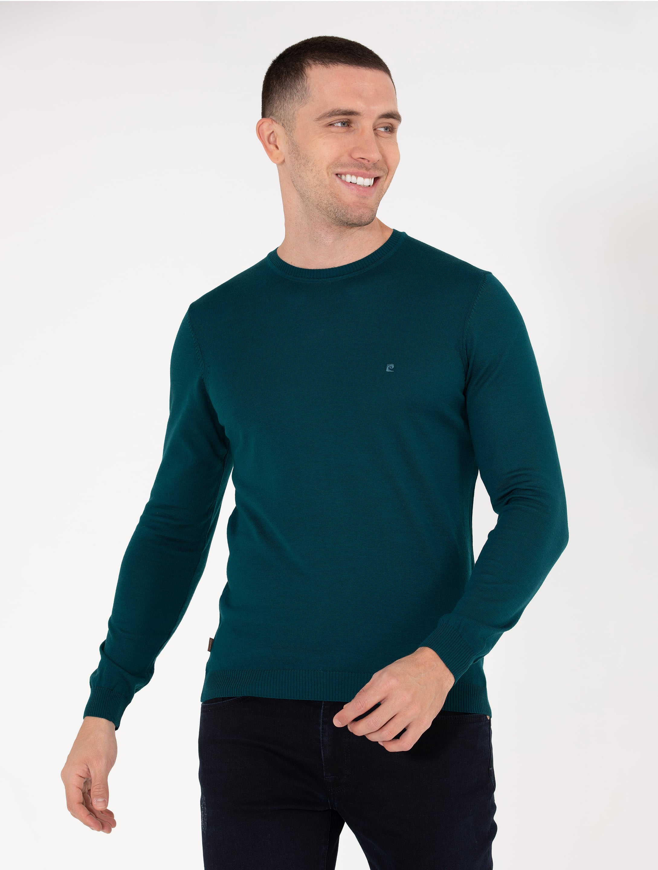 Yeşil Slim Fit Bisiklet Yaka Yün Karışımlı Basic Triko Kazak - Image 4