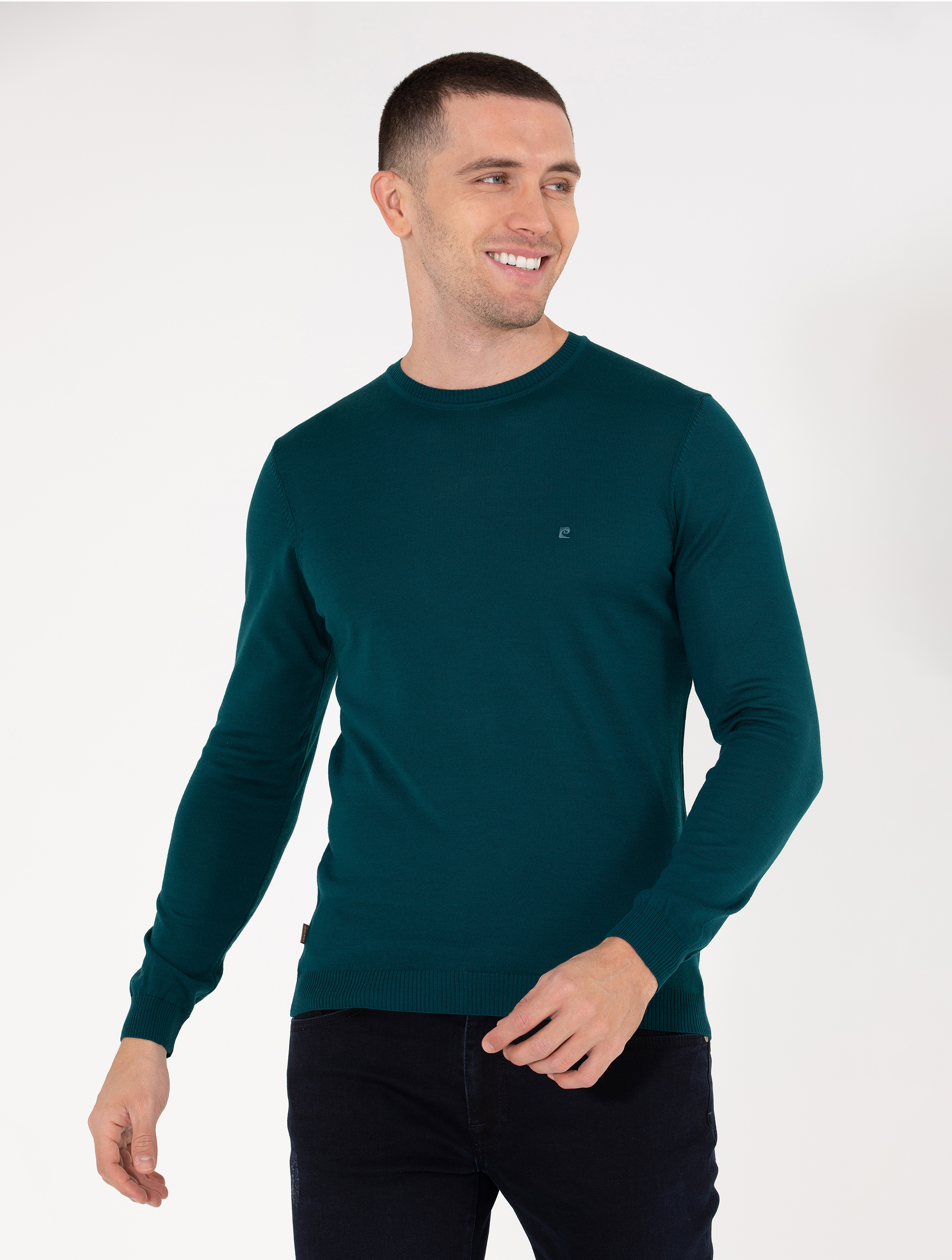 Yeşil Slim Fit Bisiklet Yaka Yün Karışımlı Basic Triko Kazak