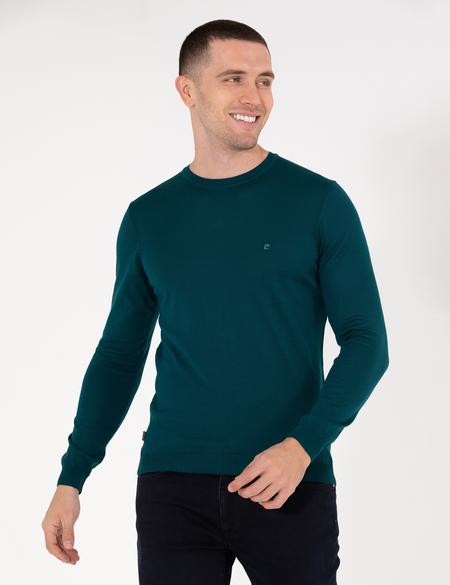 Yeşil Slim Fit Bisiklet Yaka Yün Karışımlı Basic Triko Kazak - 50257301081