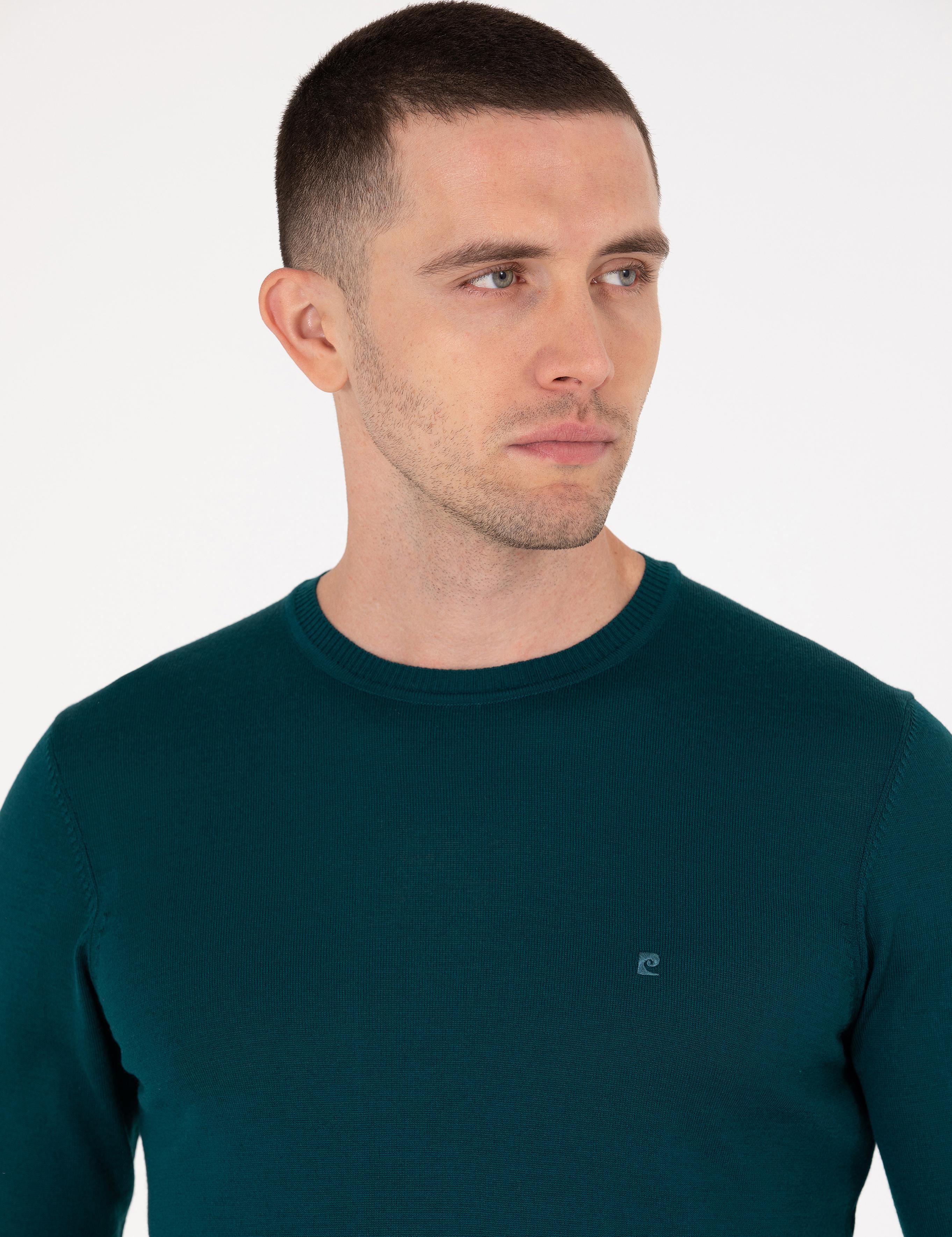 Yeşil Slim Fit Bisiklet Yaka Yün Karışımlı Basic Triko Kazak