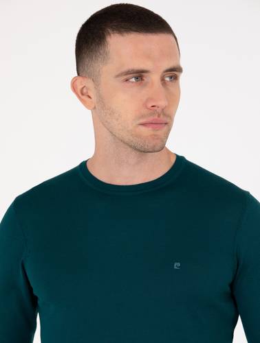 Yeşil Slim Fit Bisiklet Yaka Yün Karışımlı Basic Triko Kazak