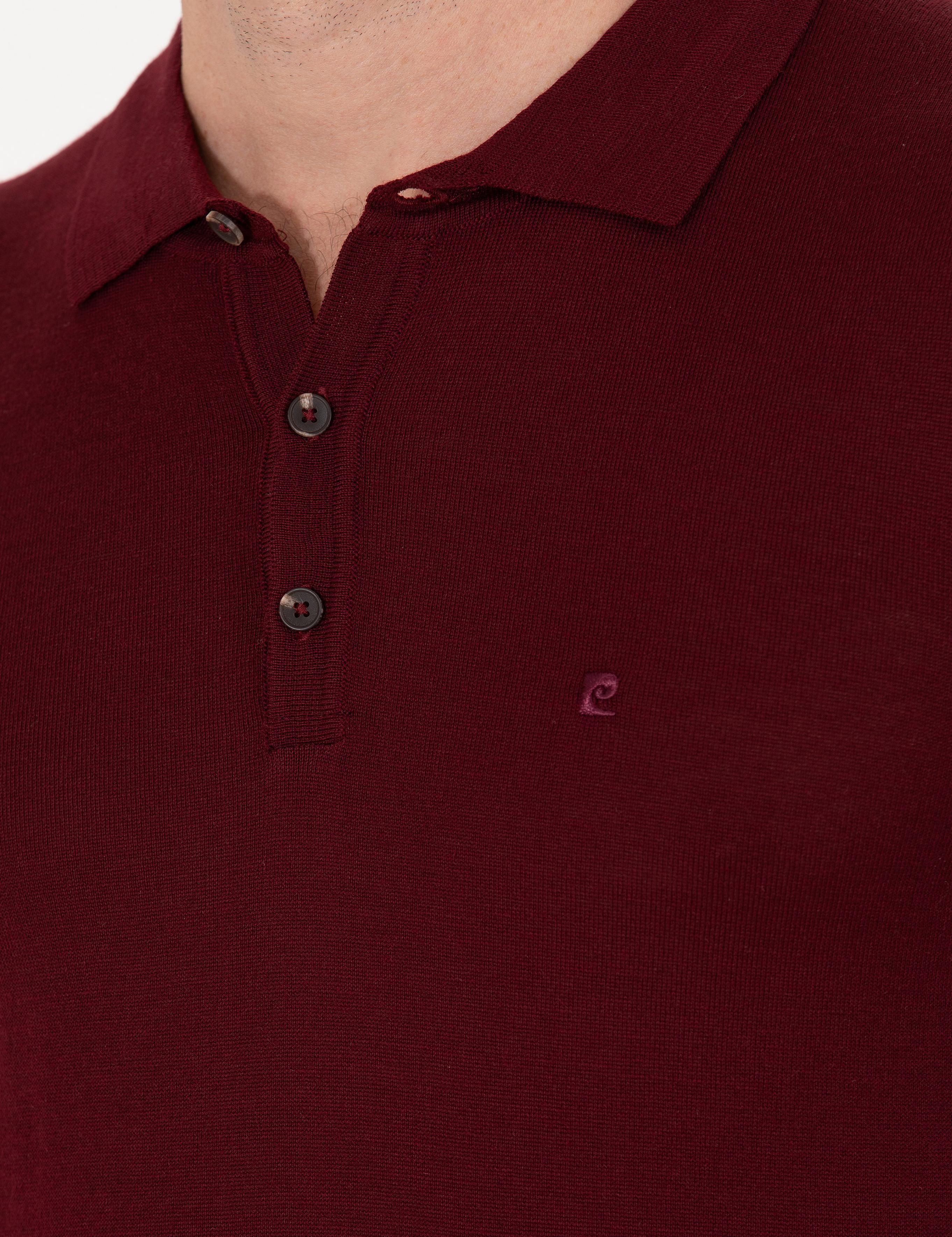 Kırmızı Slim Fit Polo Yaka Yün Karışımlı Basic Triko Kazak