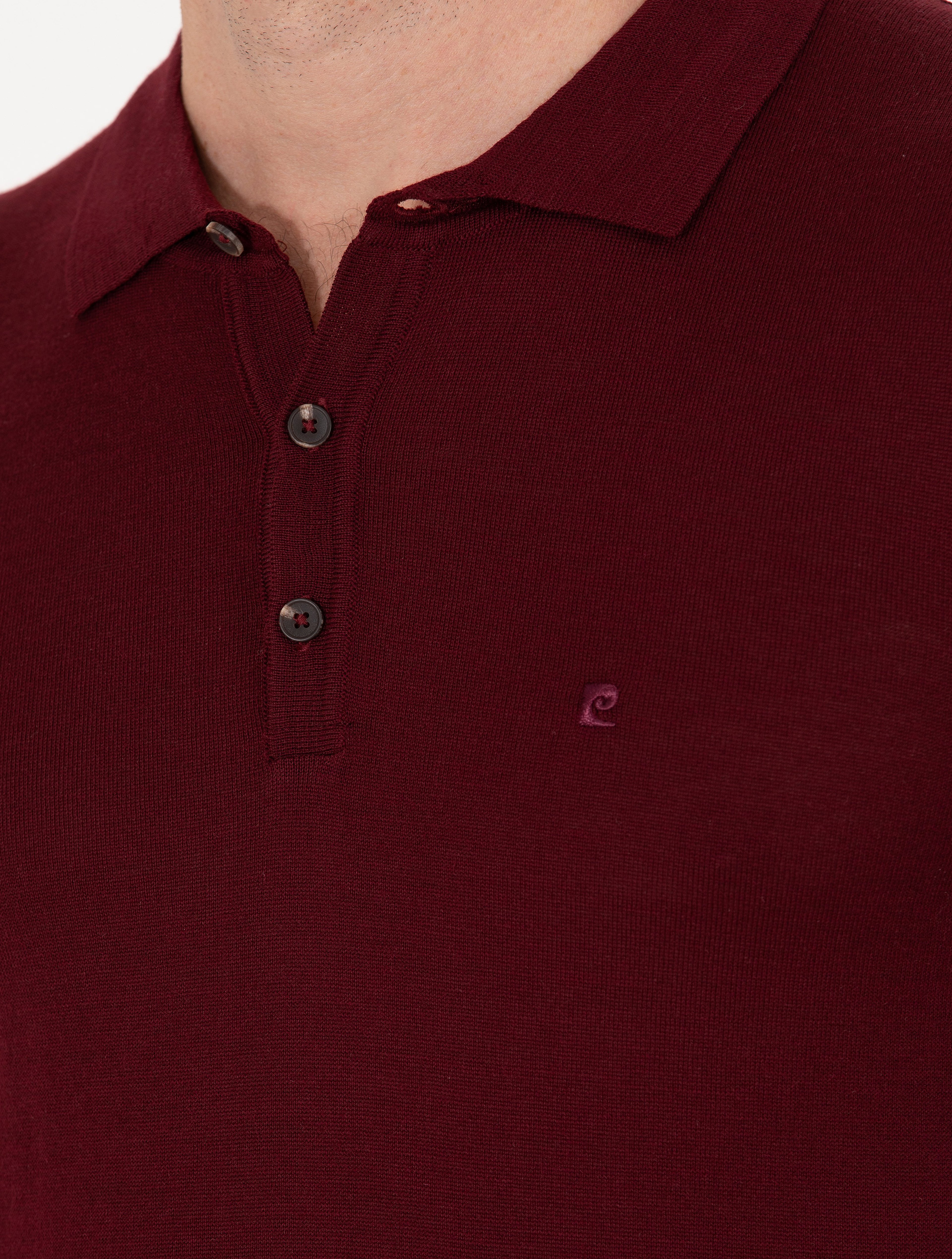 Kırmızı Slim Fit Polo Yaka Yün Karışımlı Basic Triko Kazak - Image 7