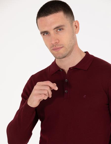 Kırmızı Slim Fit Polo Yaka Yün Karışımlı Basic Triko Kazak - 50257322008