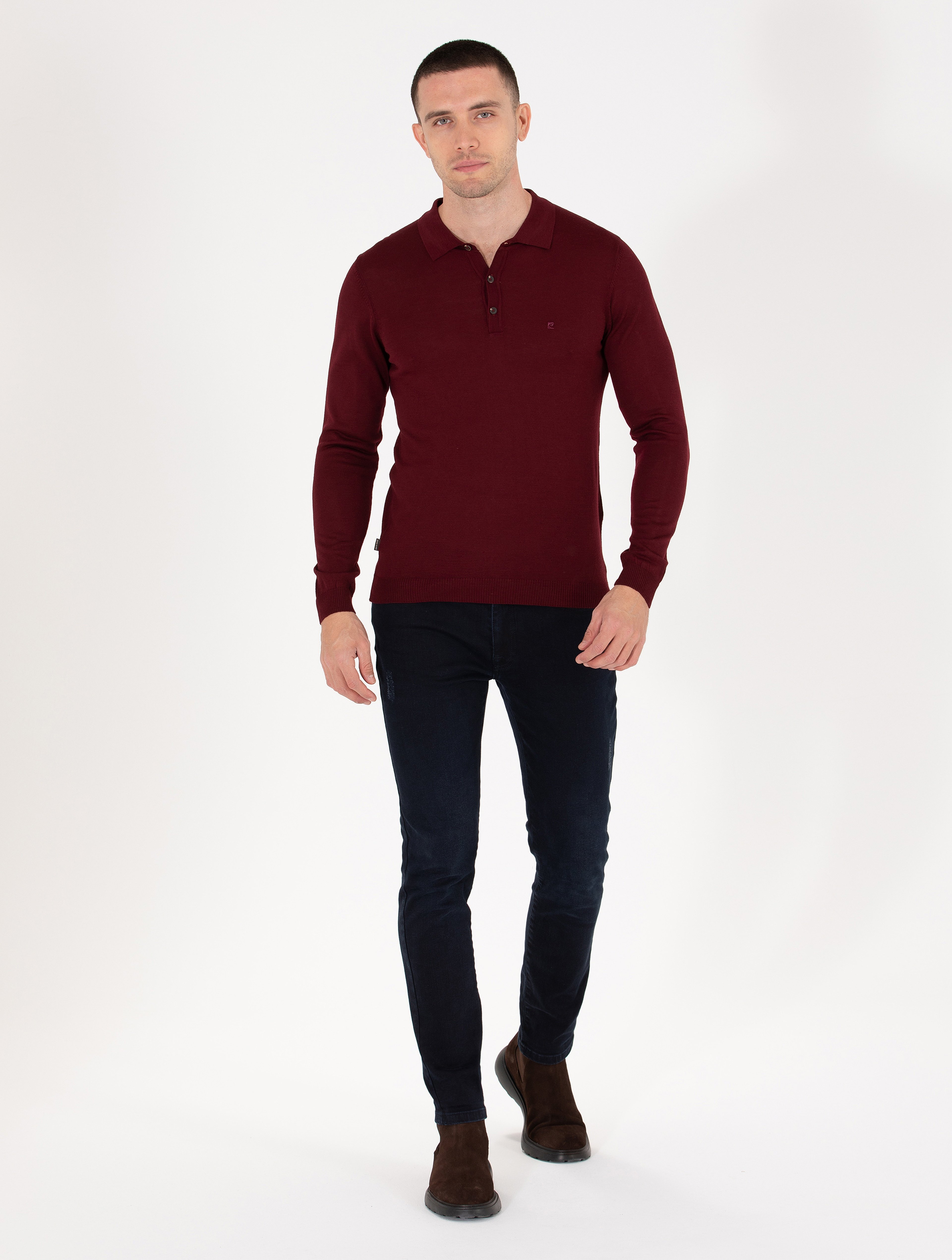 Kırmızı Slim Fit Polo Yaka Yün Karışımlı Basic Triko Kazak - Image 4