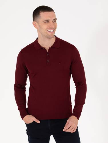 Kırmızı Slim Fit Polo Yaka Yün Karışımlı Basic Triko Kazak