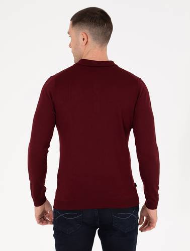 Kırmızı Slim Fit Polo Yaka Yün Karışımlı Basic Triko Kazak