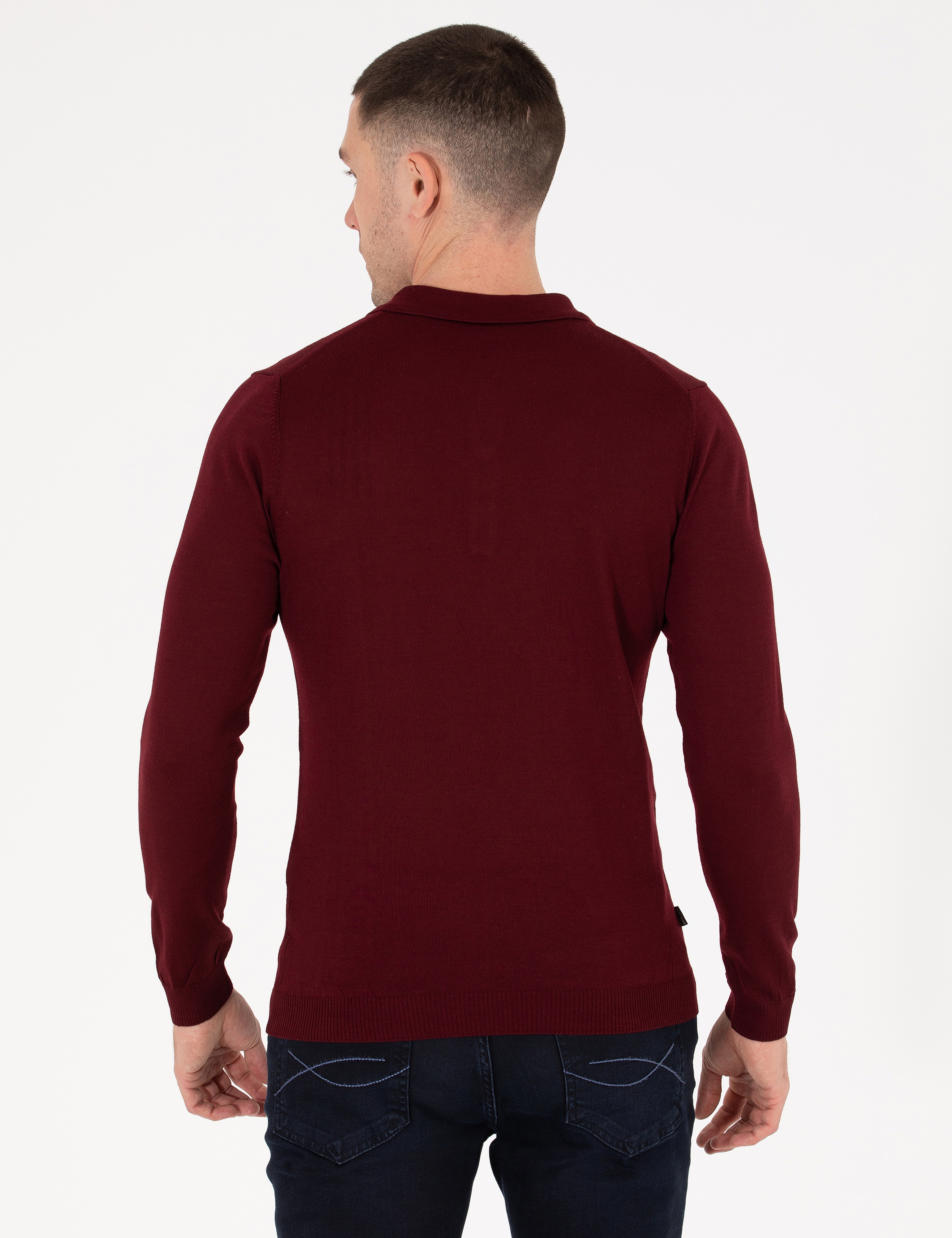Kırmızı Slim Fit Polo Yaka Yün Karışımlı Basic Triko Kazak