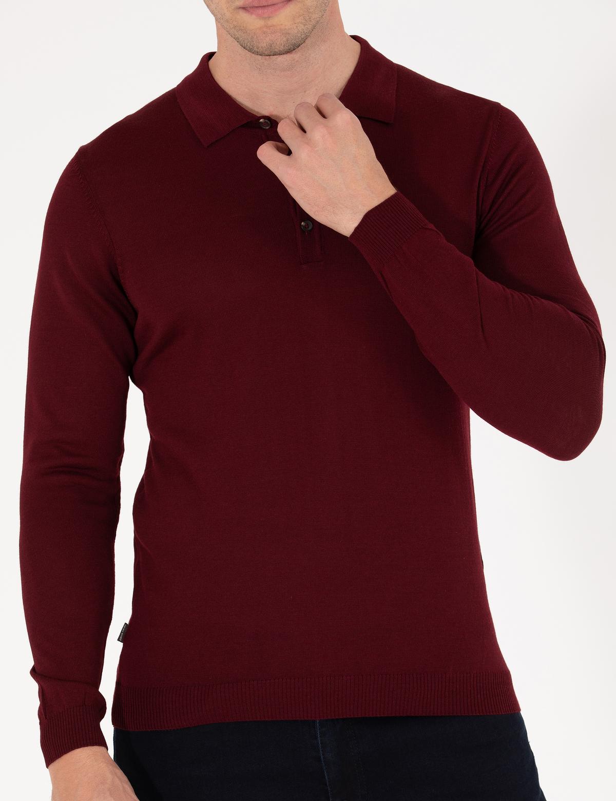 Kırmızı Slim Fit Polo Yaka Yün Karışımlı Basic Triko Kazak - 50257322008