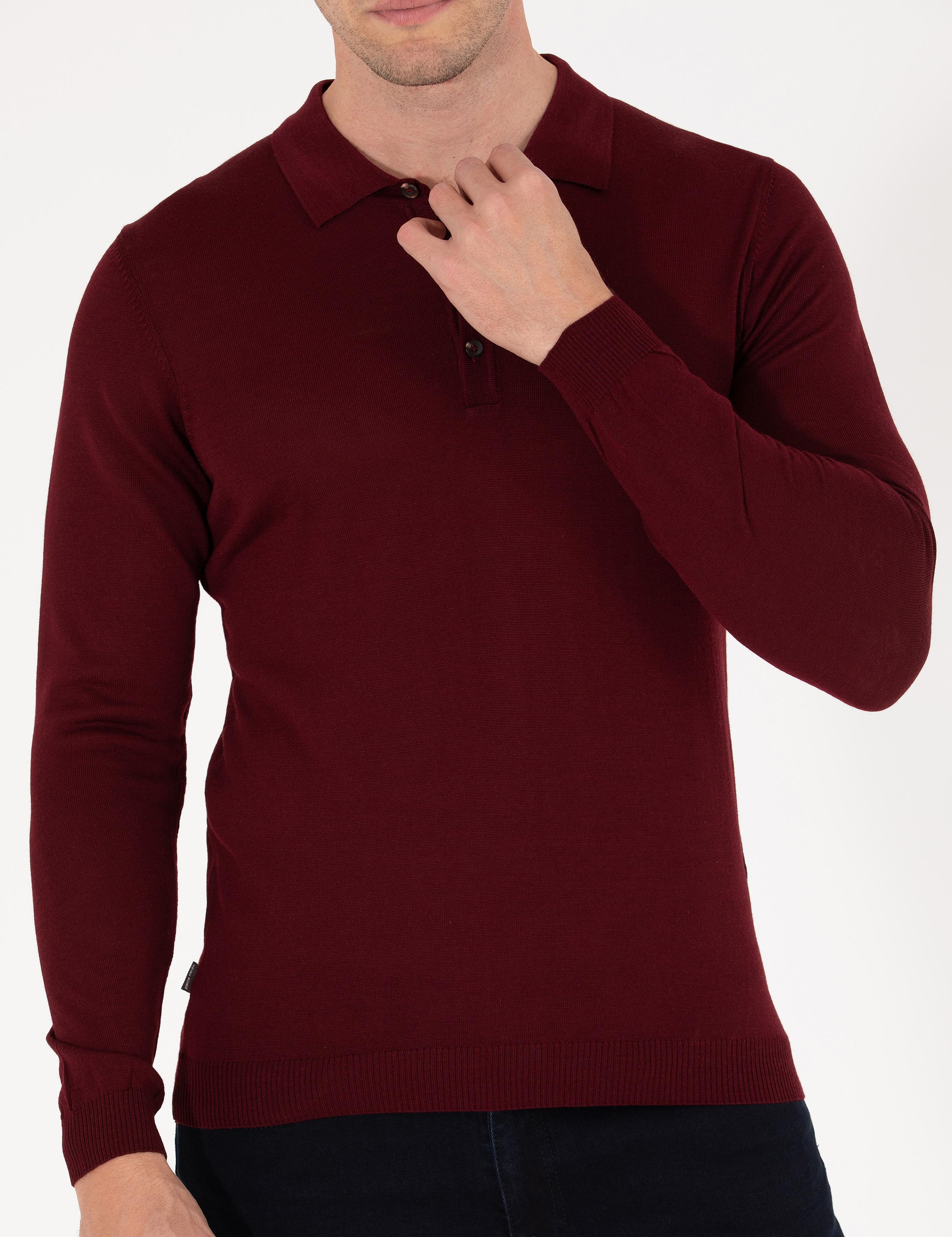 Kırmızı Slim Fit Polo Yaka Yün Karışımlı Basic Triko Kazak