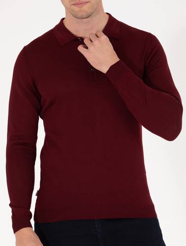 Kırmızı Slim Fit Polo Yaka Yün Karışımlı Basic Triko Kazak