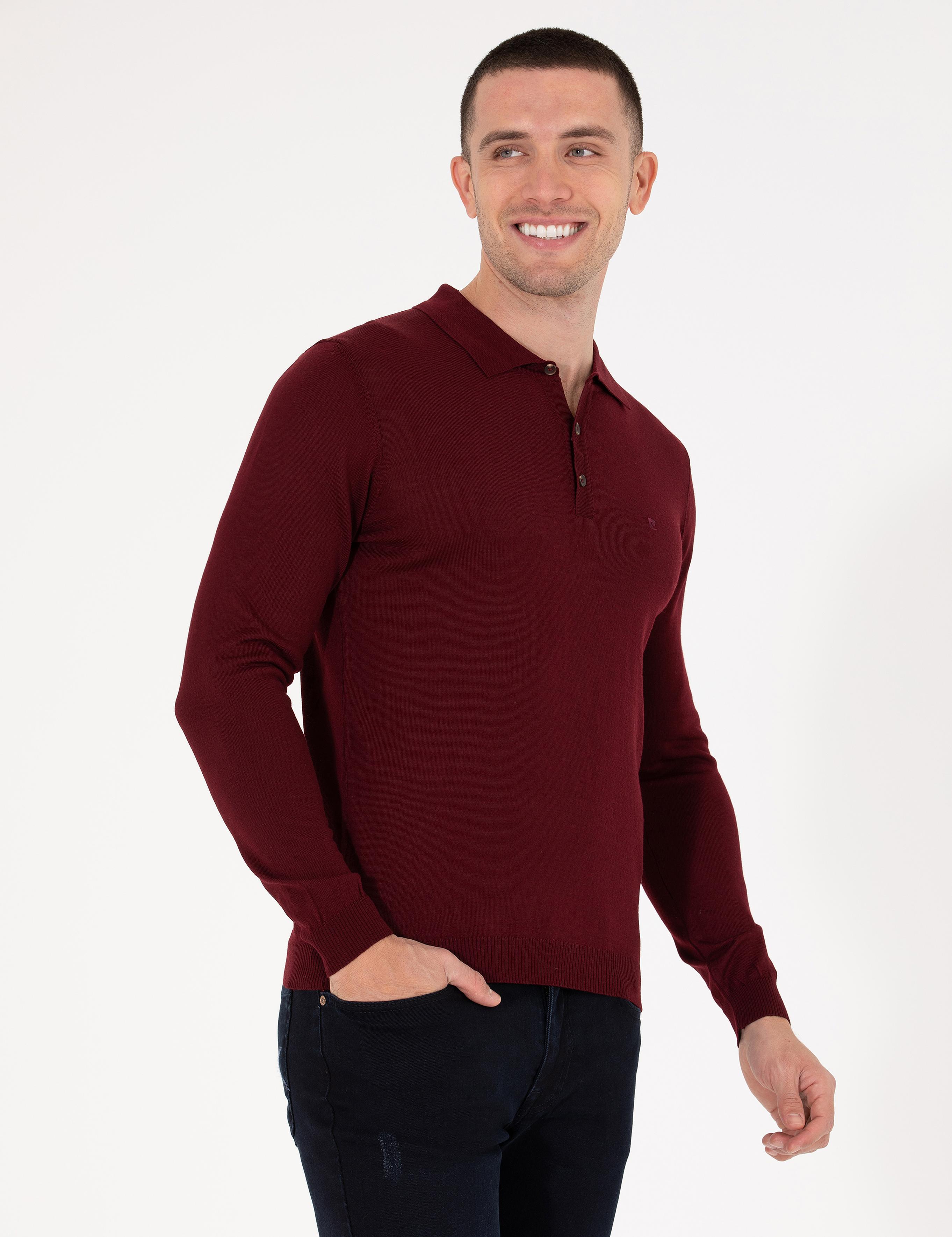 Kırmızı Slim Fit Polo Yaka Yün Karışımlı Basic Triko Kazak